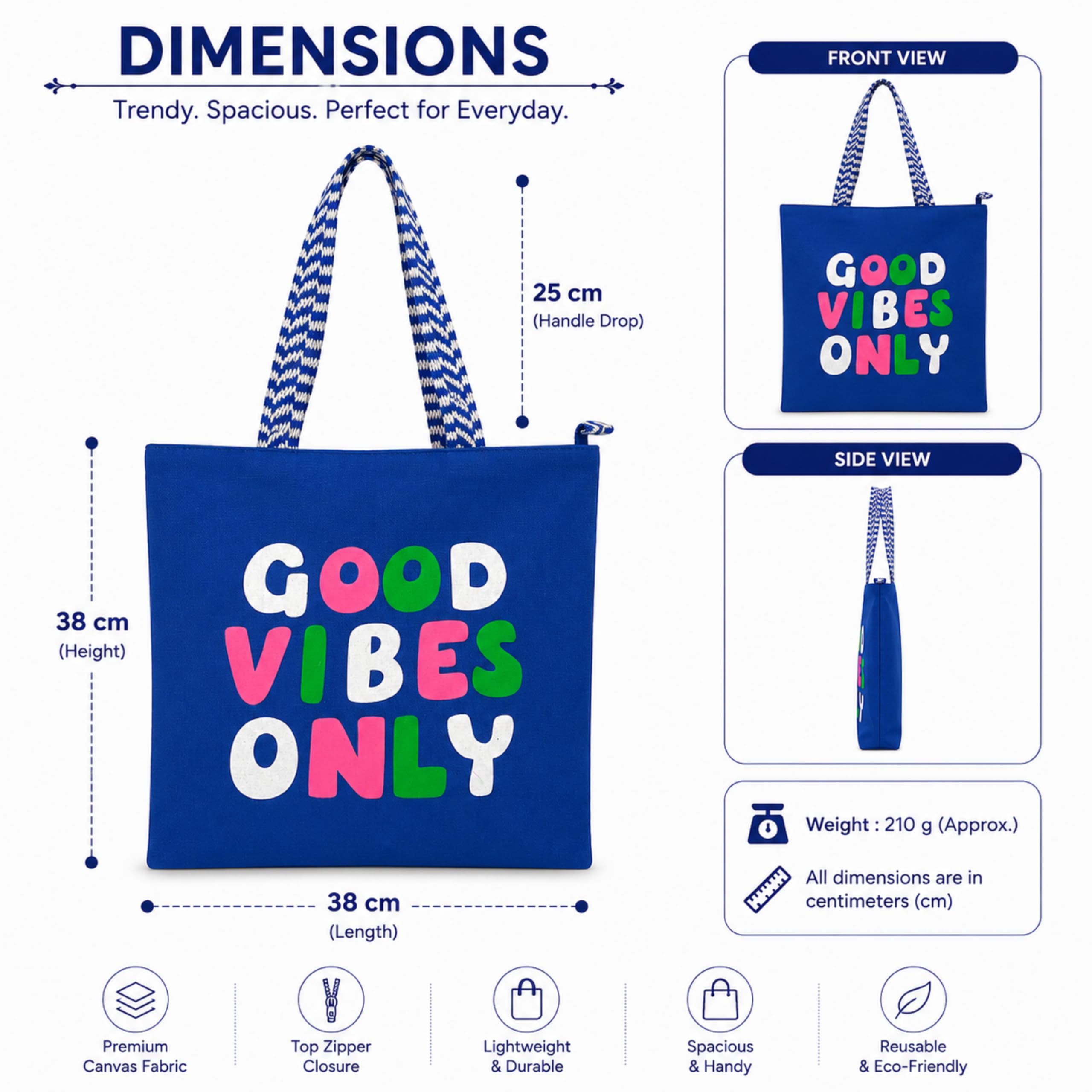 cantainoo Tote Bags | 300 GSM Canvas Tote Bag for Women | Tote Bags for Women | College, Shopping, Office & Everyday Carry Bag (Good Vibes -Blue, Medium Pack of 1)