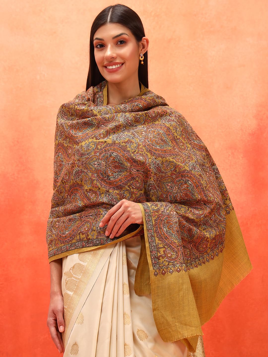 Pashmoda Women Kaarigari 100% Pure Wool Fabric Sozni Embroidered Shawl, Stole and Wrap, Heritage Pashmina Kashmiri Stole, Shawl, Wrap (Size: 40x80 Inches, MustardGreen Color) LIS39