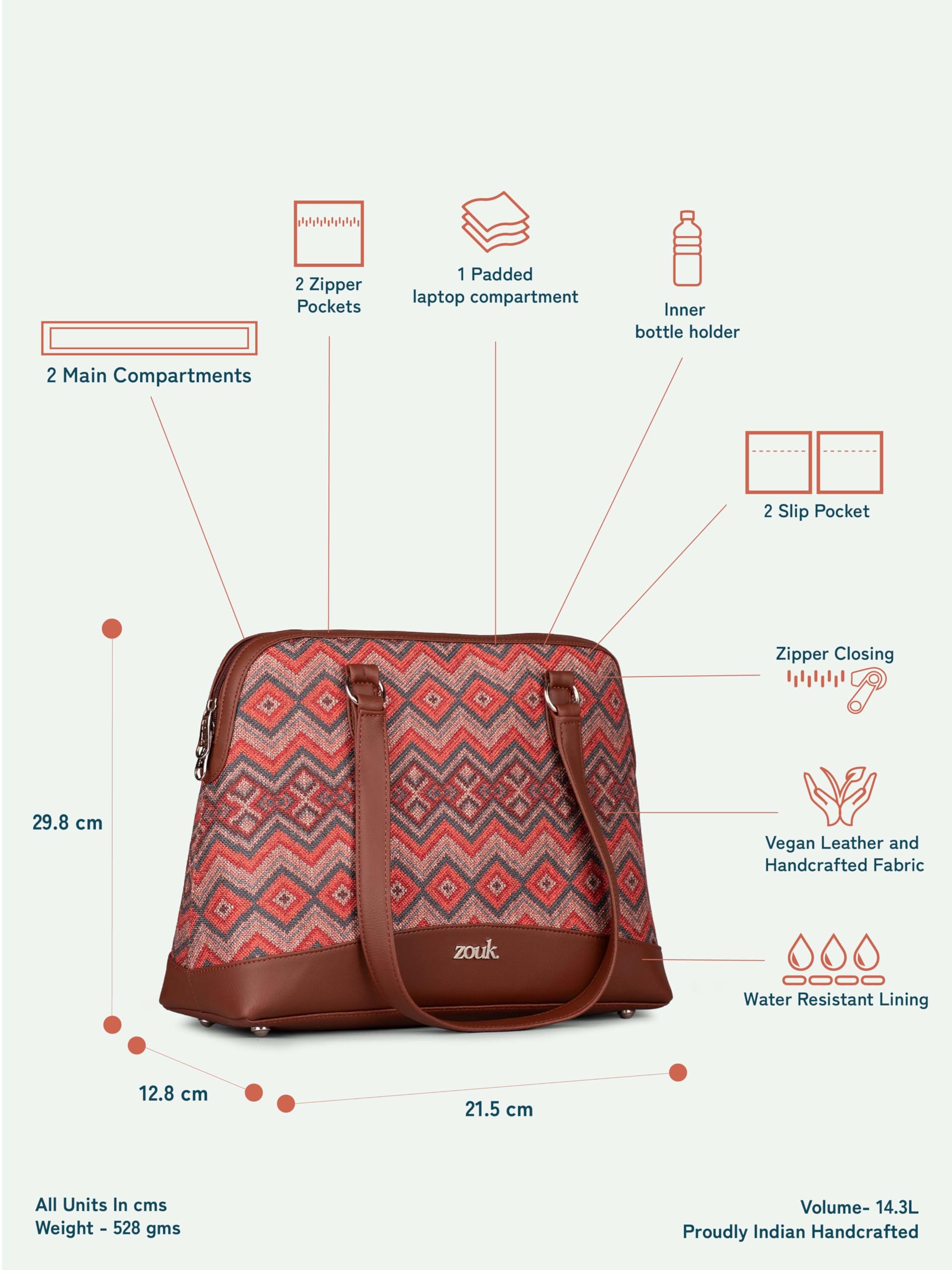 ZOUK Carry-All Work Bag | Stylish Handbag for Women Office Use | 13-Inch Laptop Compartment | Water-Resistant | Tote Bag for Office, College & Travel | Gwalior Weaves