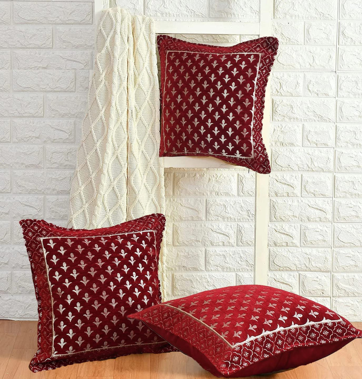 DECOMIZER Jacquard Geomteric Cushion Covers 16 Inch X 16 Inch Set Of 3 Ethnic Motifs 240 TC Cushion Covers,Design- Star,Color- Maroon