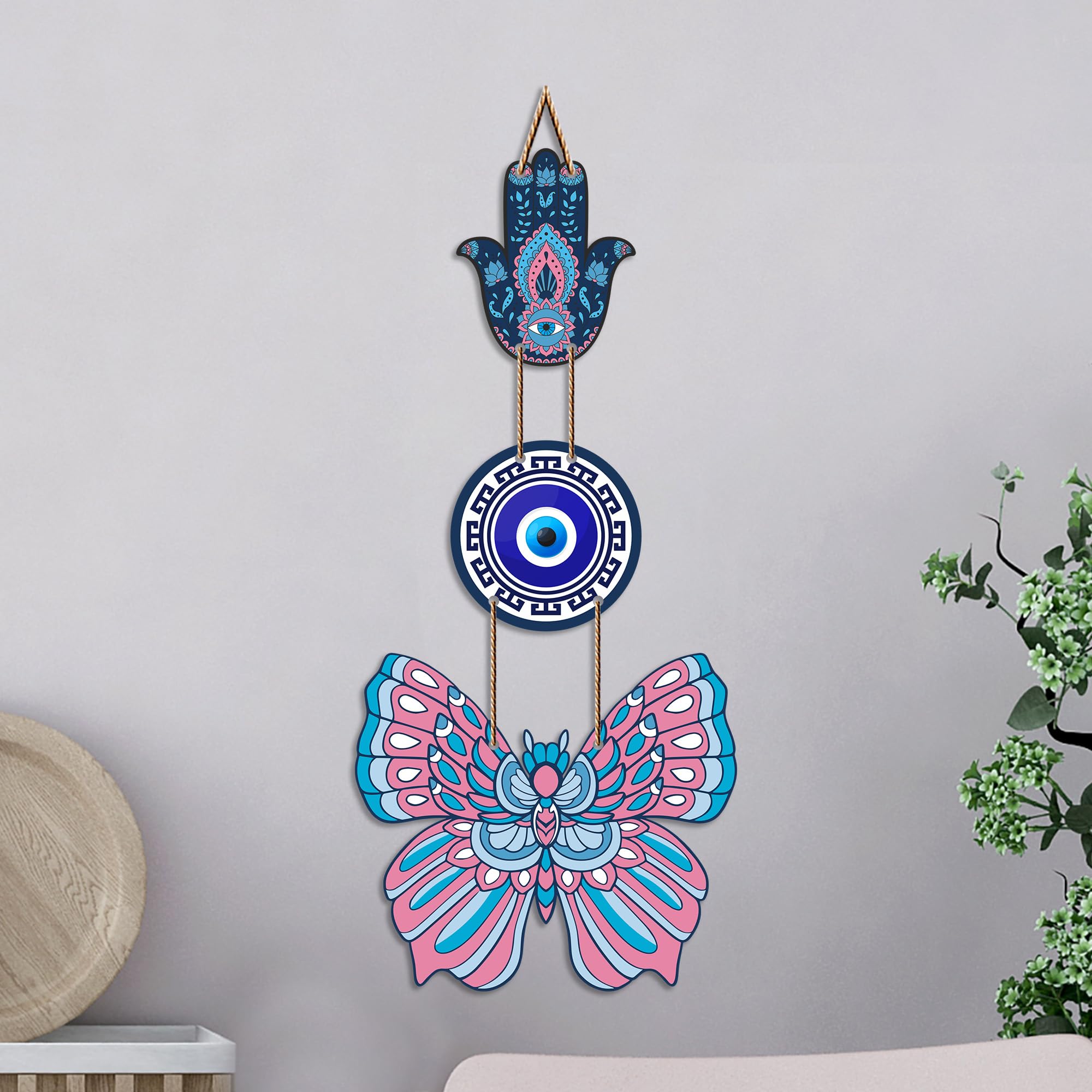 Artvibes Hamsa Hand Butterfly Evil Eye Wall Hanging for Home Entrance | Protective MDF Wall Decor | Decorative Art for Living Room | Bedroom | Office & Main Door | Gift Item (WH_8583N)