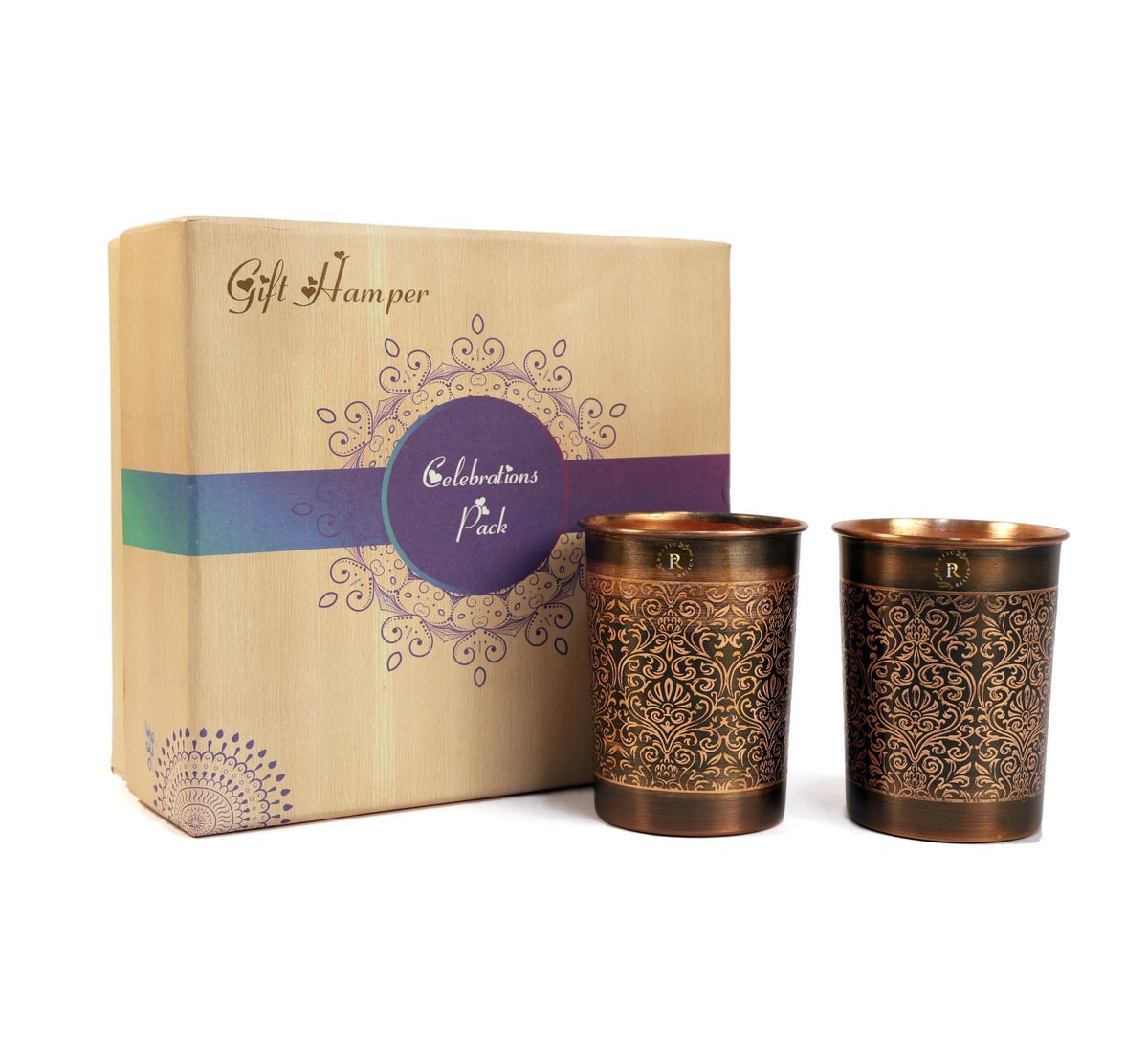 RUSTIC RELICS Pure Copper Handcrafted Glasses Set with Gift Box Set of 2 Antique Etching Design for Ayurveda Wellness | Elegant Ayurvedic Benefits | Perfect and Premium Gifting Hamper - 250ml
