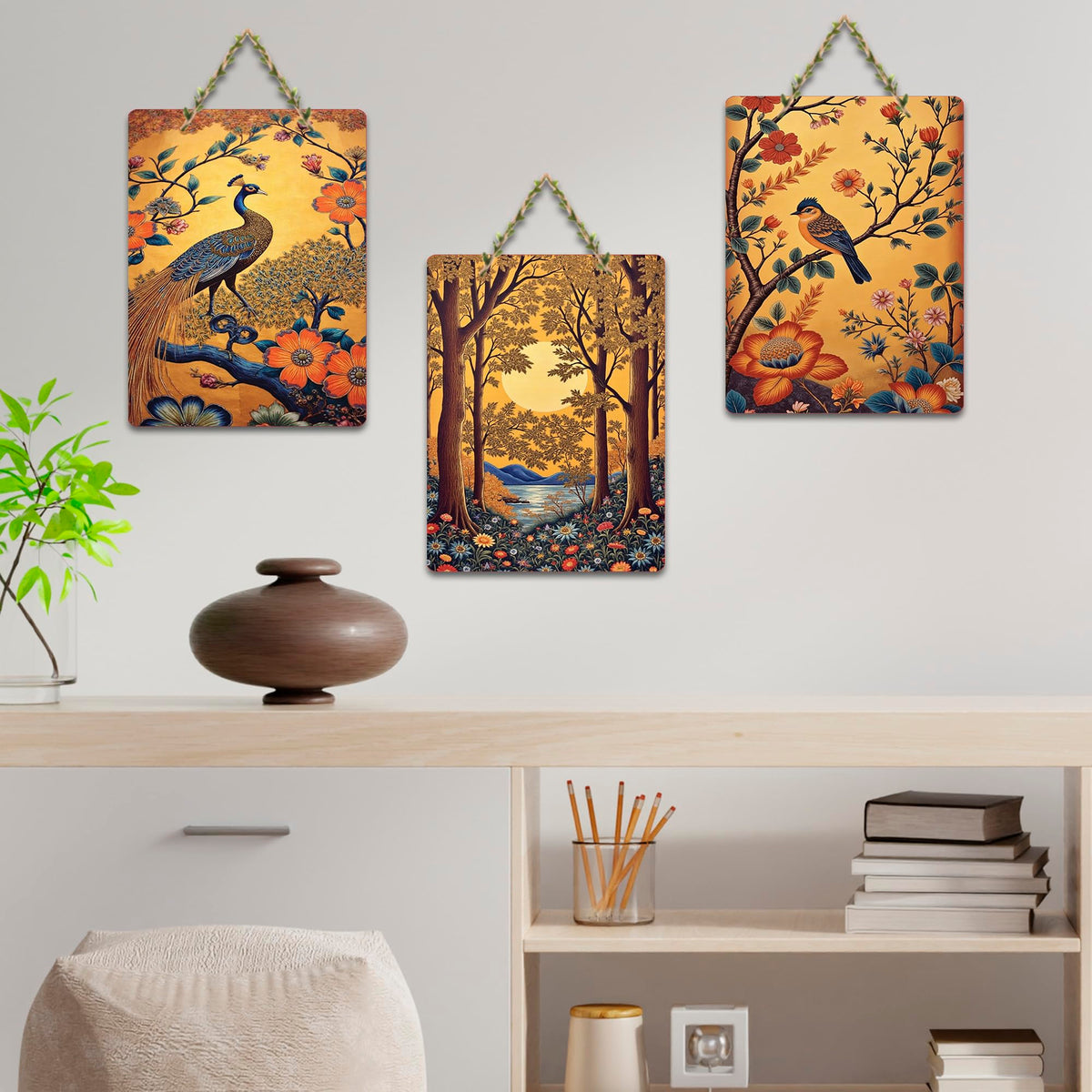 Artvibes Colorful Peacock & Forest Harmony Artistic Decorative MDF Wooden Wall Art for Home | Handcrafted Art | Graphic Artwork | Wall Illustrations | Sceneries | Gift Items (WH_9618N), Set of 3
