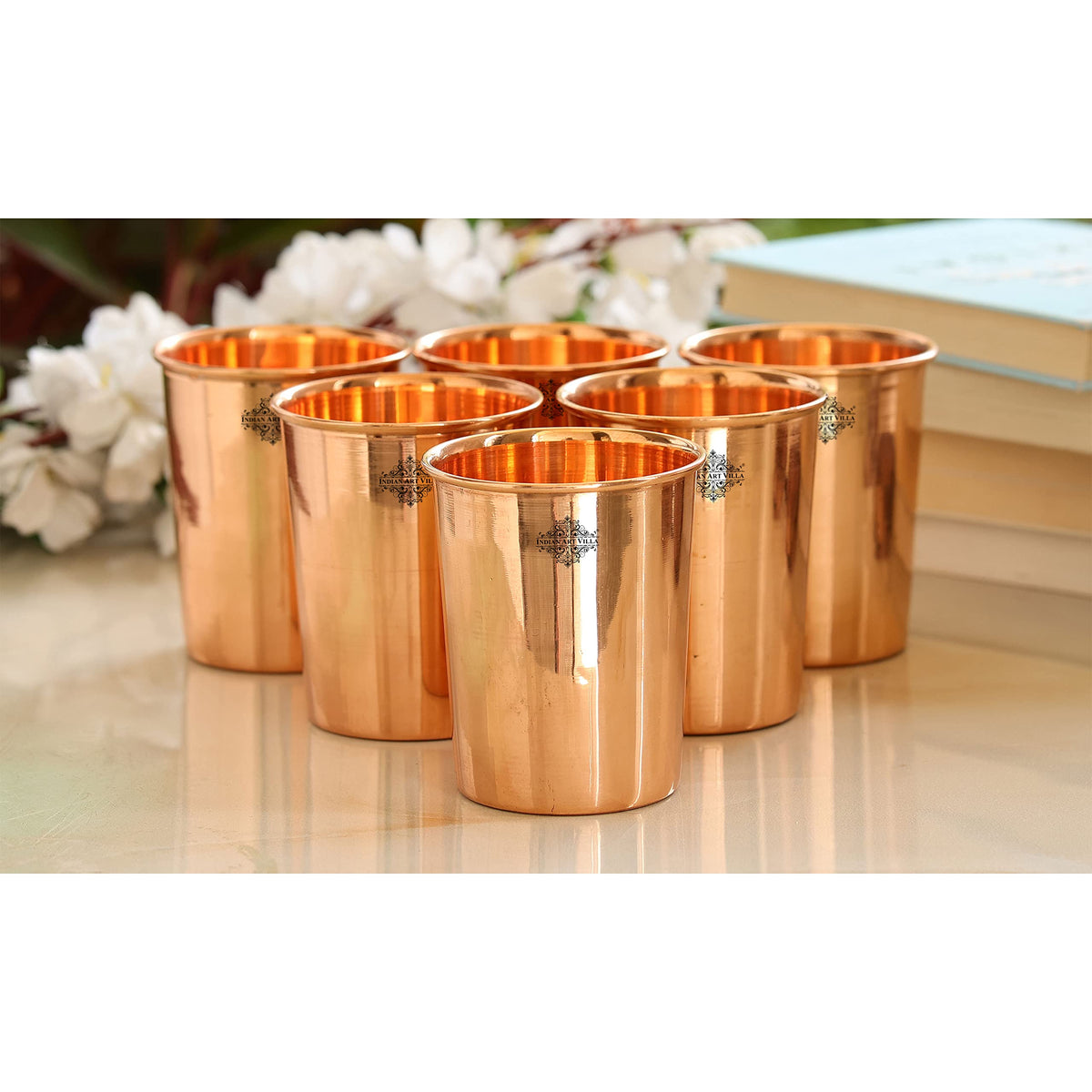 INDIAN ART VILLA Copper Plain Shine Finish Glass - 275 ML Tumbler, Copper Drinkware & Serveware, Ideal for Water Drinking, Perfect Gifting Option for Festivals and Special Occasions, Set of 6
