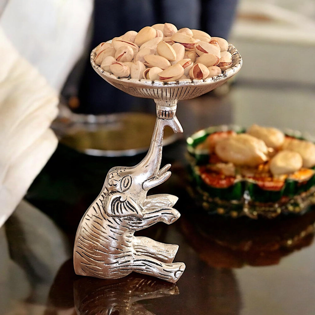 KridayKraft Metal Elephant Dry Fruit Bowl Showpiece Silver Polish for Your Home,Office Table Decorative,Elephant Showpiece Bowl for Gift,Animal Figurines
