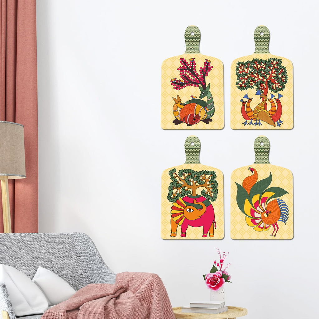 Artvibes Tree, Bird & Animal Theme Madhubani Art Wooden Wall Hanger for Home Decor | Garden Balcony| Stylish Modern Decor Item | Trendy Decor | Wall Illustrations | Gift Items (WH_5663N), Set of 4