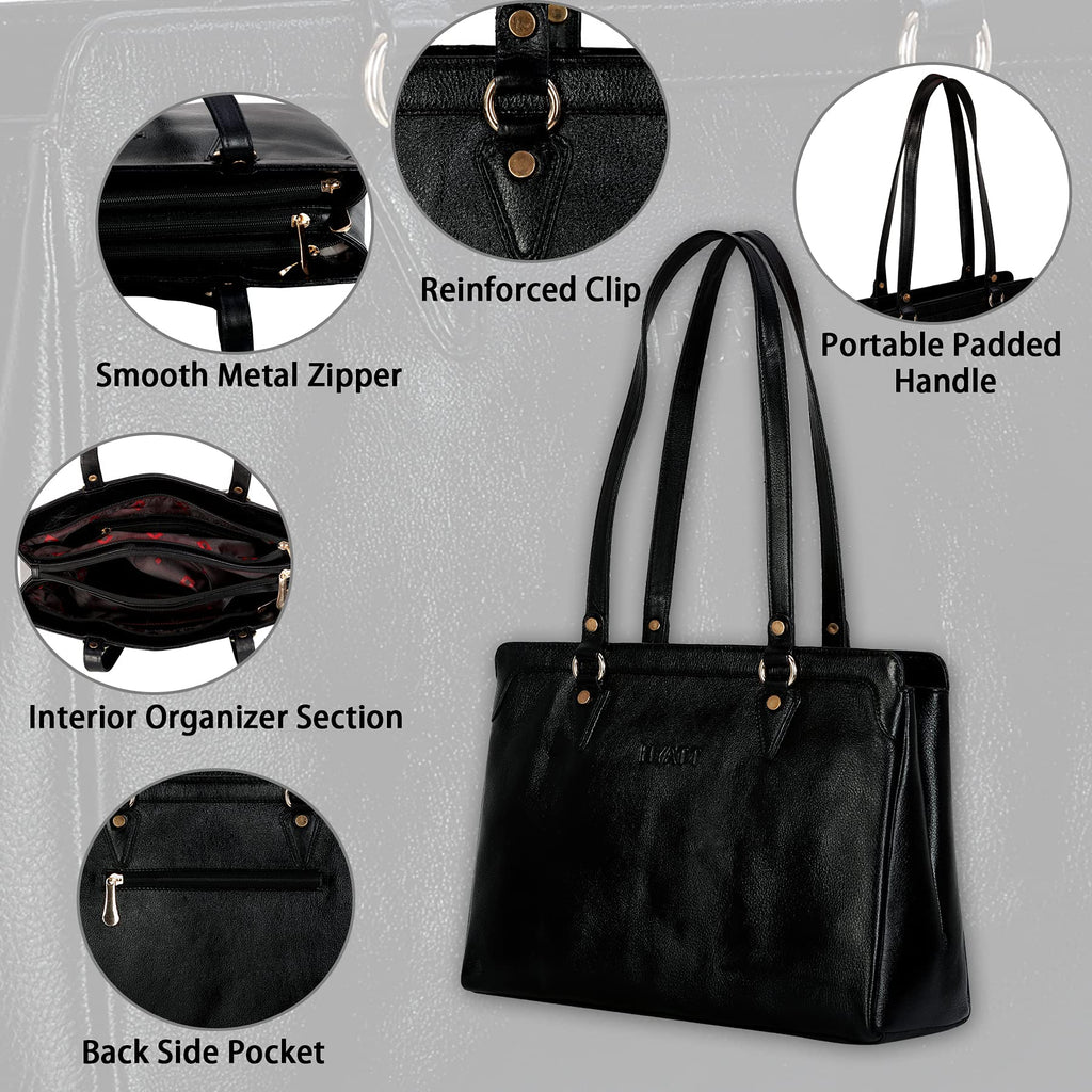 RICHSIGN LEATHER ACCESSORIES Full Grain Natural Leather Top Handle Satchel Tote Handbags & Shoulder Bags For Women Office (Dimension- L-13 X H-10 x W- 4 Inch | Weight- 0.7 KG / 700 GR (BLACK)