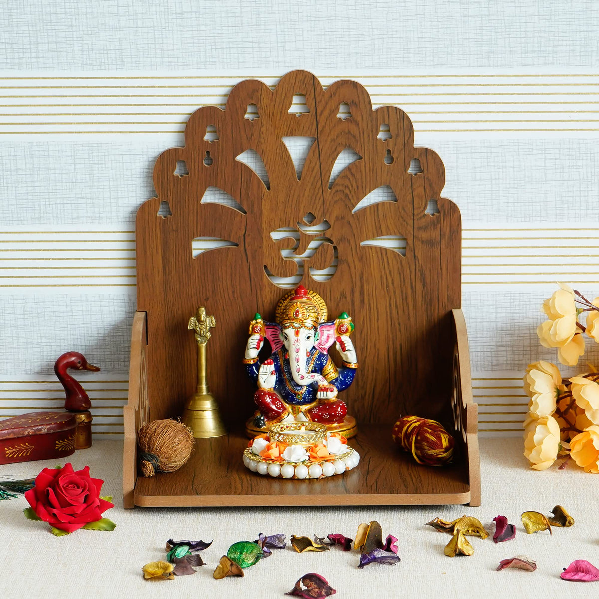 eCraftIndia Om Bells Design Wooden Temple for Home Office | Home Temple Pooja Mandir | Small Temple Gift for Diwali Housewarming