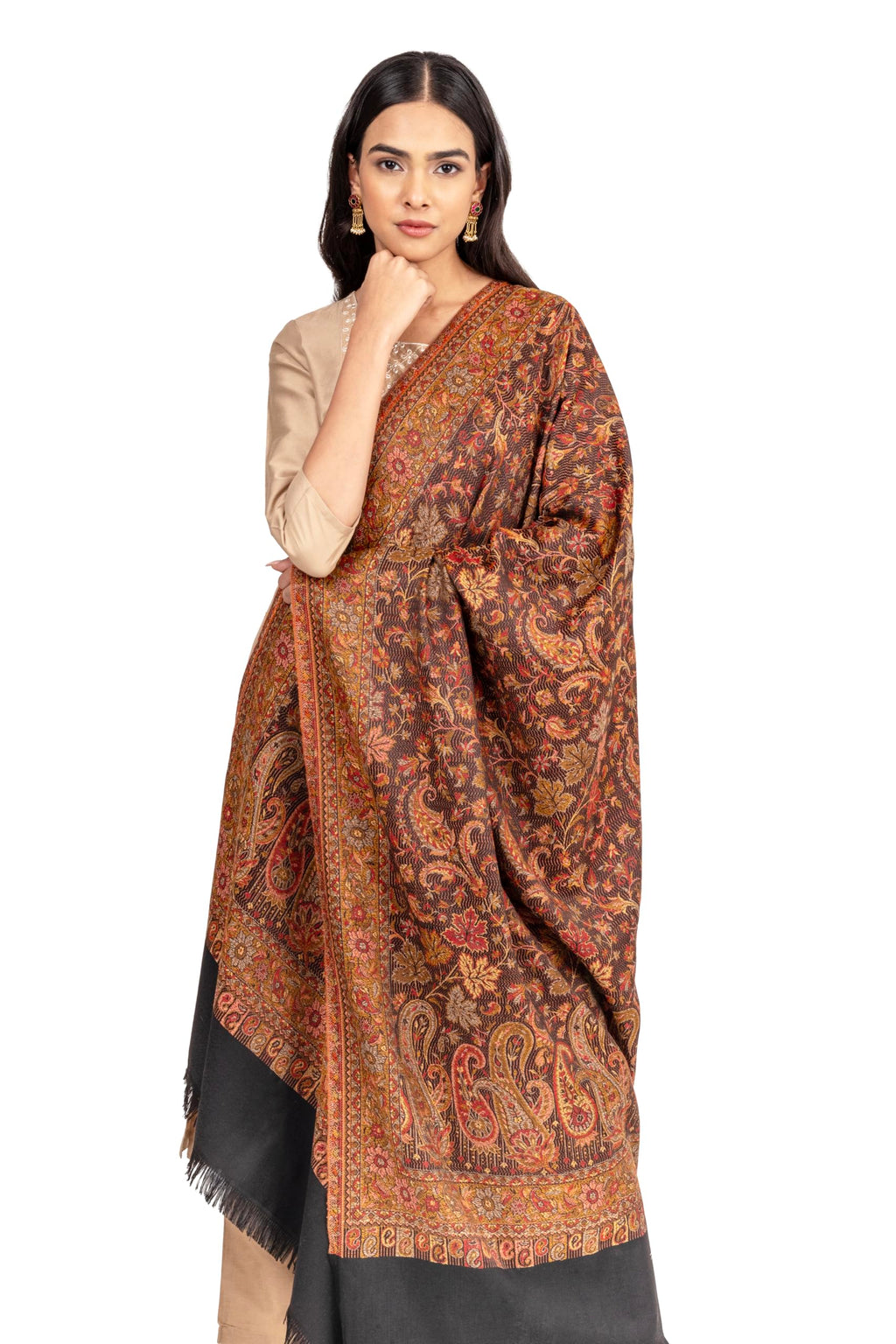 Naureen Women Faux Pashmina Kashmiri Jamawar Shawl, Warm and Soft, 40x80 inch (Black)
