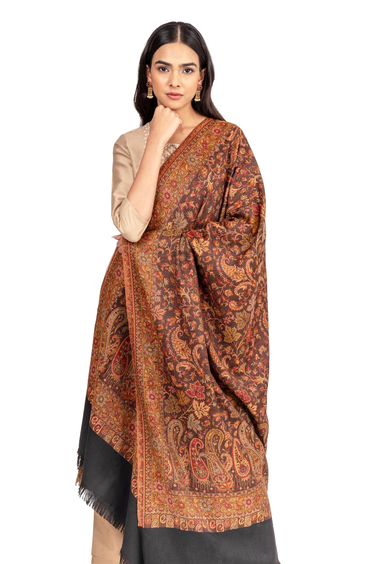 Naureen Women Faux Pashmina Kashmiri Jamawar Shawl, Warm and Soft, 40x80 inch (Black)