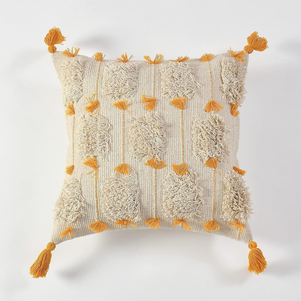 Furnistitchs Premium Decorative Throw Cushion Pillow Cover Boho Home Decor - Living Room Bedroom Couch Sofa Cushion Covers 16 inch x 16 inch (2, Mustard Tassels)