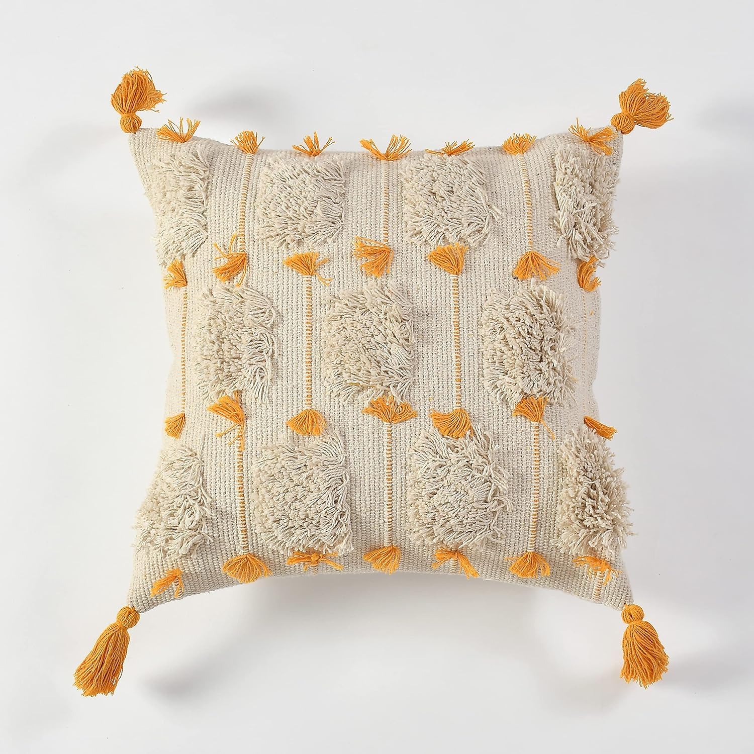 Furnistitchs Premium Decorative Throw Cushion Pillow Cover Boho Home Decor - Living Room Bedroom Couch Sofa Cushion Covers 16 inch x 16 inch (2, Mustard Tassels)
