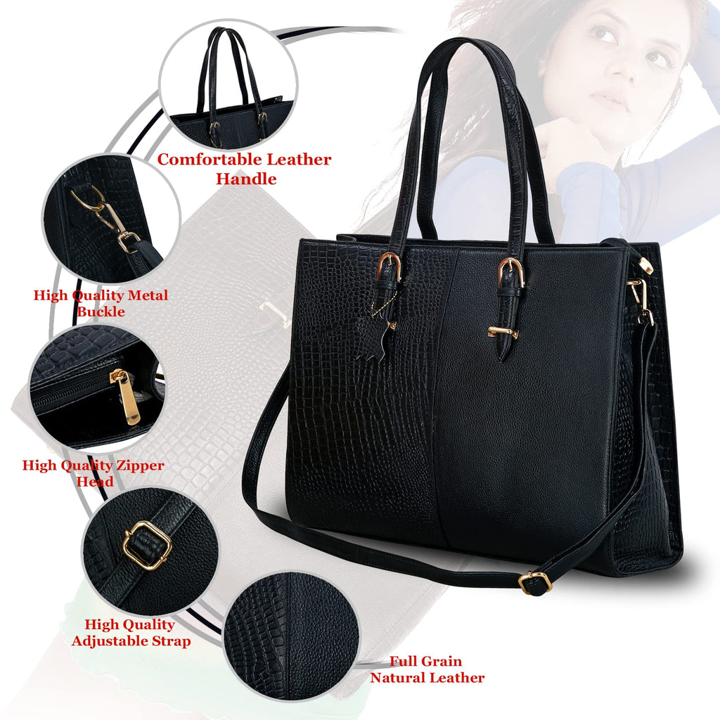 RICHSIGN LEATHER ACCESSORIES Full-Grain Natural Cro Leather Ladies Handbags & Sling Shoulder Tote Bags For Women Laptop Big Size Branded Stylish..Size- L-16 X H-12.5 x W- 5.5 Inches (BLACK)