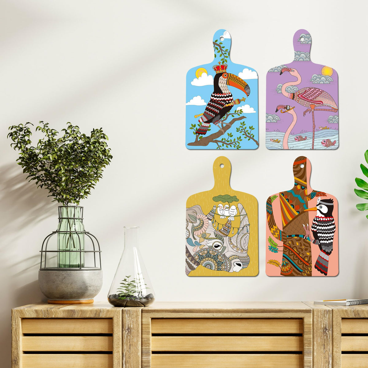 Artvibes Woodpeckers Rhino Swan Modern Art Decorative MDF Wooden Wall Art for Home | Room Wall Art | Wood Decorative Items | Modern Decoration | Wall Illustrations | Gift Items (WH_5623N), Set of 4