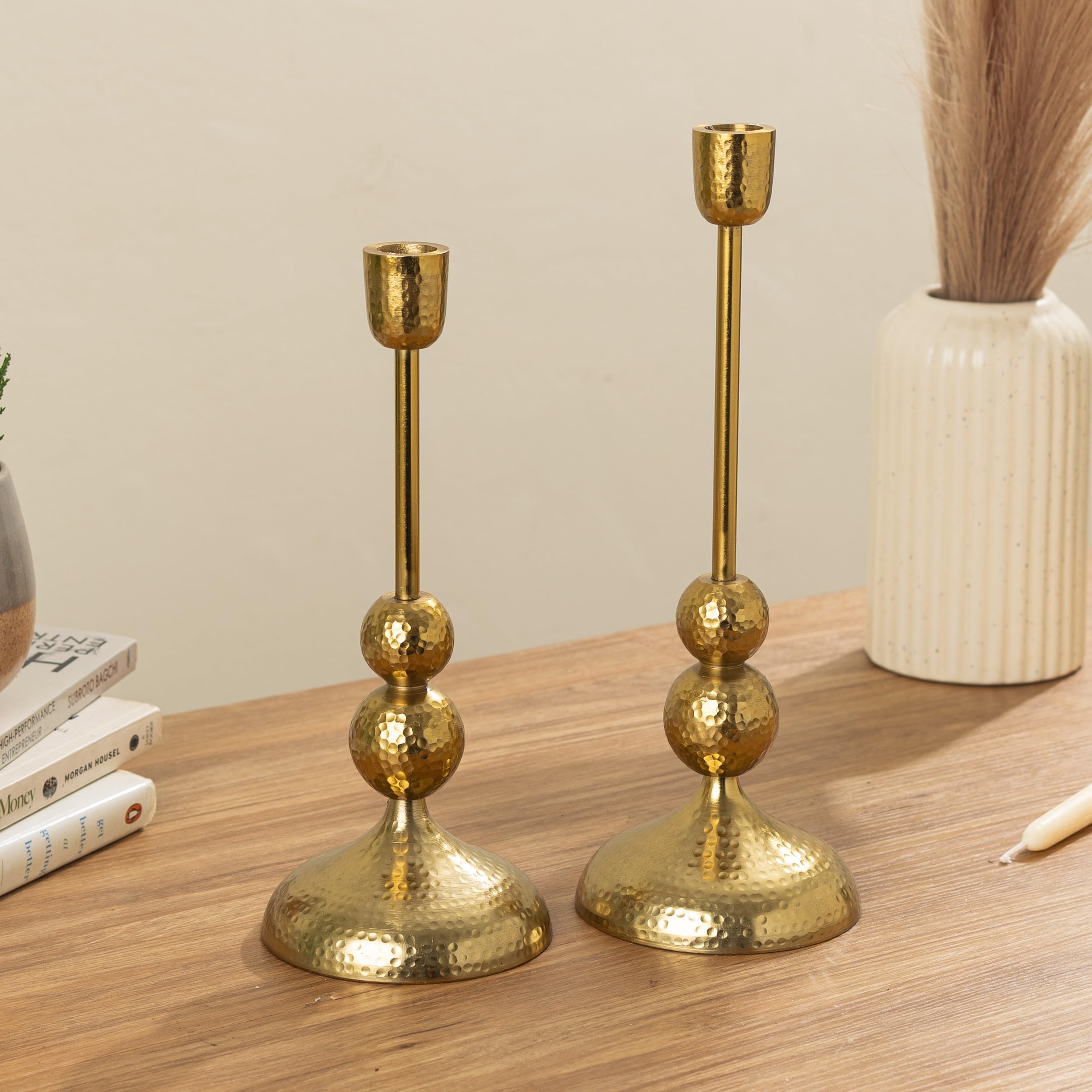 HomeShastra Suvarna Aluminium Candle Holders Set of 2 | Hammered Gold Finish | Decorative Candle Stand for Home Decor, Dining Table, Living Room & Festive Decoration | Perfect for Gifting