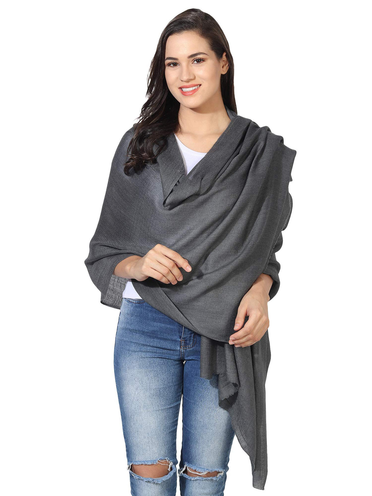 MUFFLY Fine Blended Ultra Soft & Warm Wool Silk Unisex Pashmina Shawl, Stole & Wrap with Hanger (Darkest Grey)