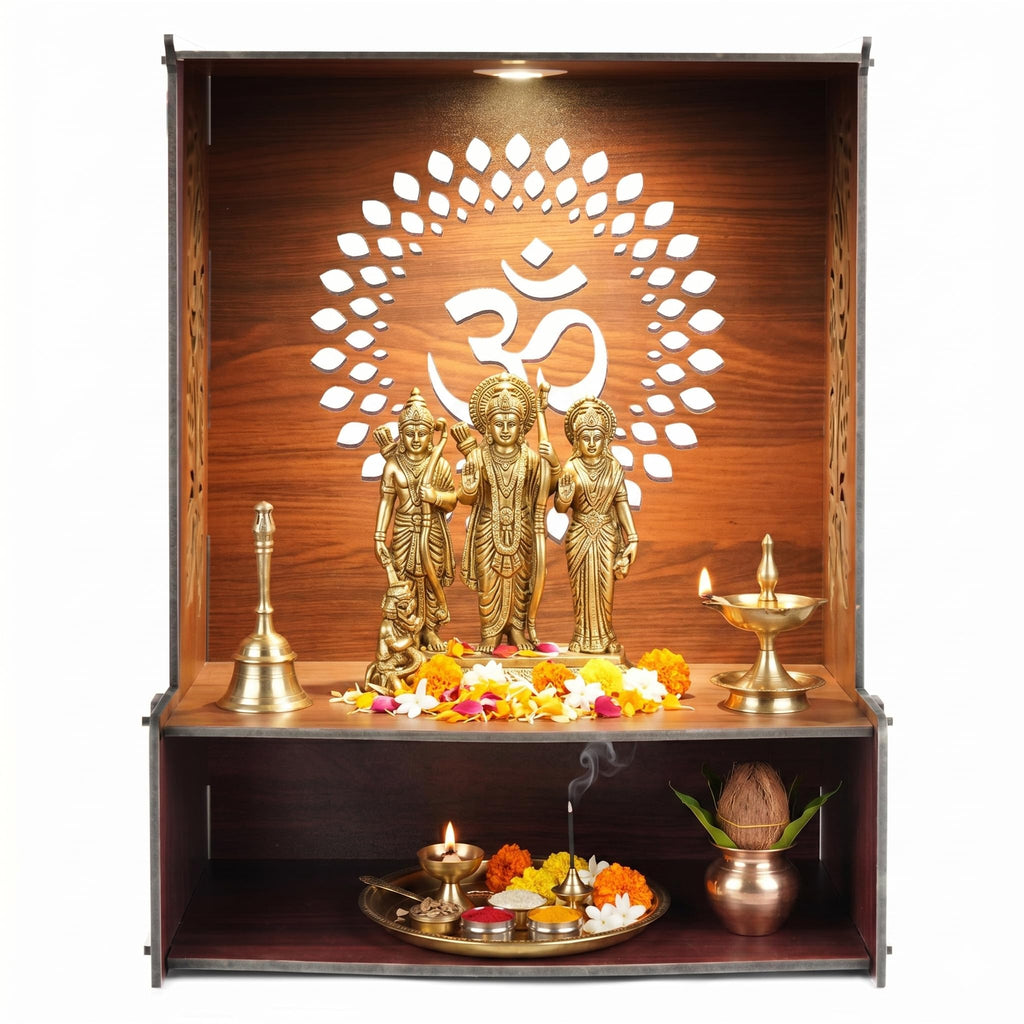 Svaagat Handcrafted MDF Wooden Temple for Home | LED Light Pooja Mandir | Decorative Laser Cut Design | Brown Finish