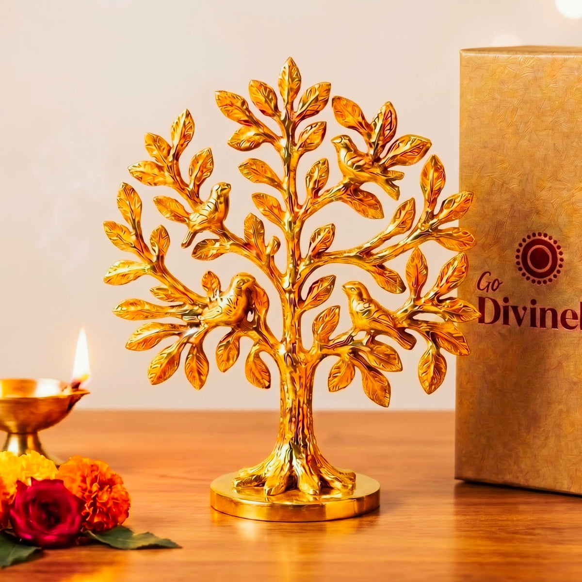 GoDivinely Certified 100% Pure Brass Kalpavriksha Tree Showpiece with 4 Birds (6 Inch) | Tree of Life Brass Decoration for Home, Vastu Decor, Housewarming Gift, Free Vastu Yoga eBook, 30 Days Warranty