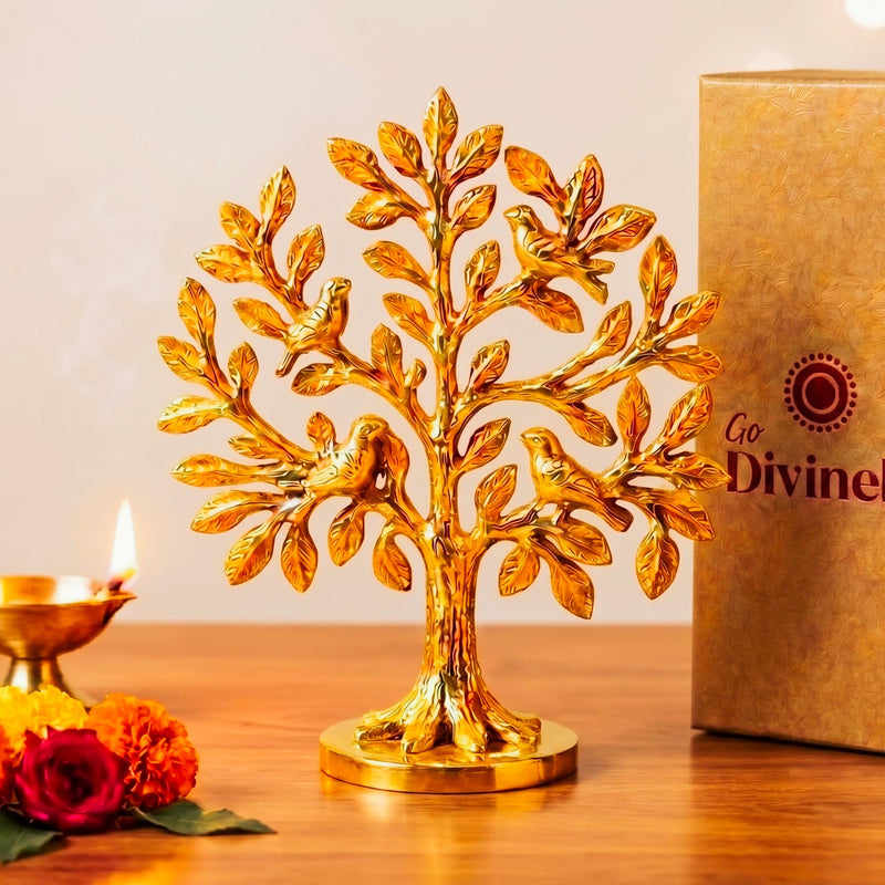 GoDivinely Certified 100% Pure Brass Kalpavriksha Tree Showpiece with 4 Birds (6 Inch) | Tree of Life Brass Decoration for Home, Vastu Decor, Housewarming Gift, Free Vastu Yoga eBook, 30 Days Warranty