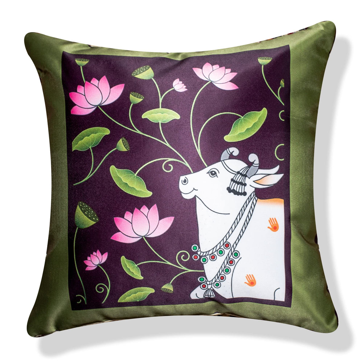 Vendola Decorative Satin Sofa Cushion Covers Set of 5, 24 Inch x 24 Inch, Sofa Pillow Cover, Ethnic Festive Cow Pichwai, Multicolor, Rajasthani Design Zipper Closure (Cattle, 24X24 Inches)