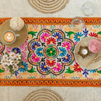 ATRANGI STUDIO Flower Embroidered Table Runner | Handcrafted Traditional Aari Work Table Cloth | Cotton Table Runner with Mirror Accents for Dining & Home Decor | 58 x 19 Inch, Multicolour