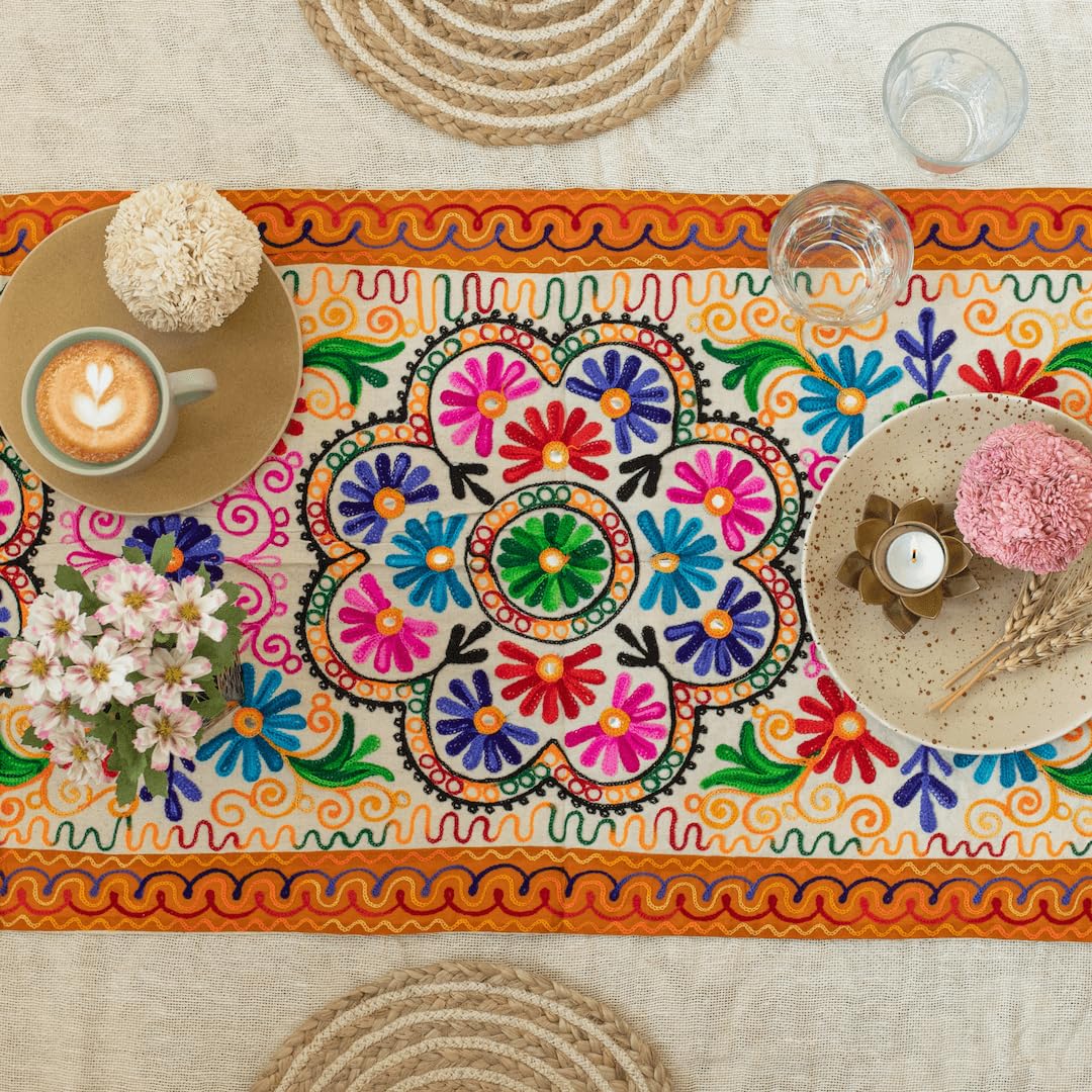 ATRANGI STUDIO Flower Embroidered Table Runner | Handcrafted Traditional Aari Work Table Cloth | Cotton Table Runner with Mirror Accents for Dining & Home Decor | 58 x 19 Inch, Multicolour