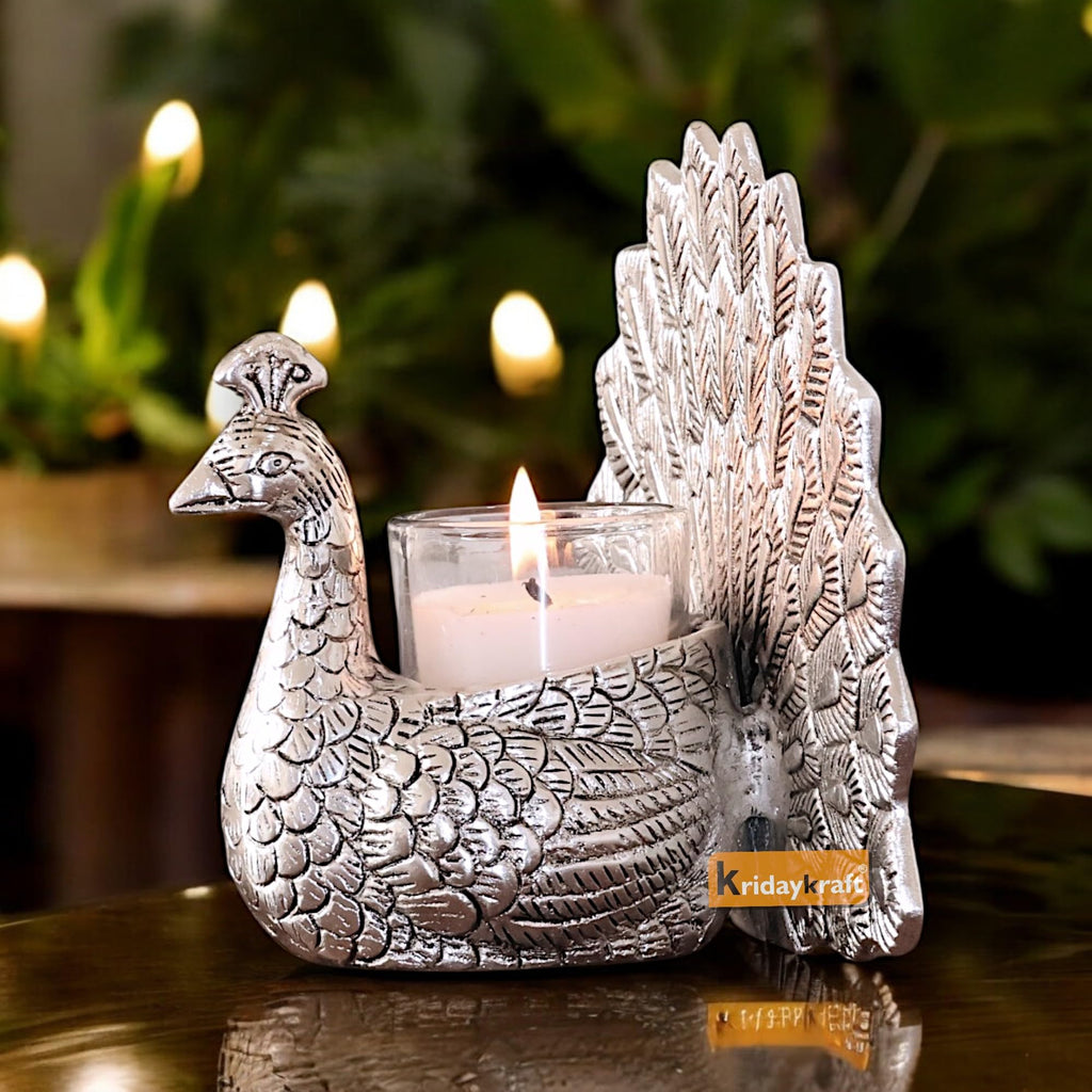 KridayKraft Metal Dancing Peacock Candle Holder Vastu Figurine for Good Luck and Love | Candle Holder for Home Dcor Tabletop Living Room Office | Showpiece Statue for Gifting