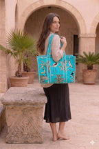 Rastogi Handicrafts Quilted Cotton Women Beautiful Printed Grocery Shopping Bag, Shoulder Bag, Tote Bag, Travel Bags, Turquoise, 18X6X15 Inch