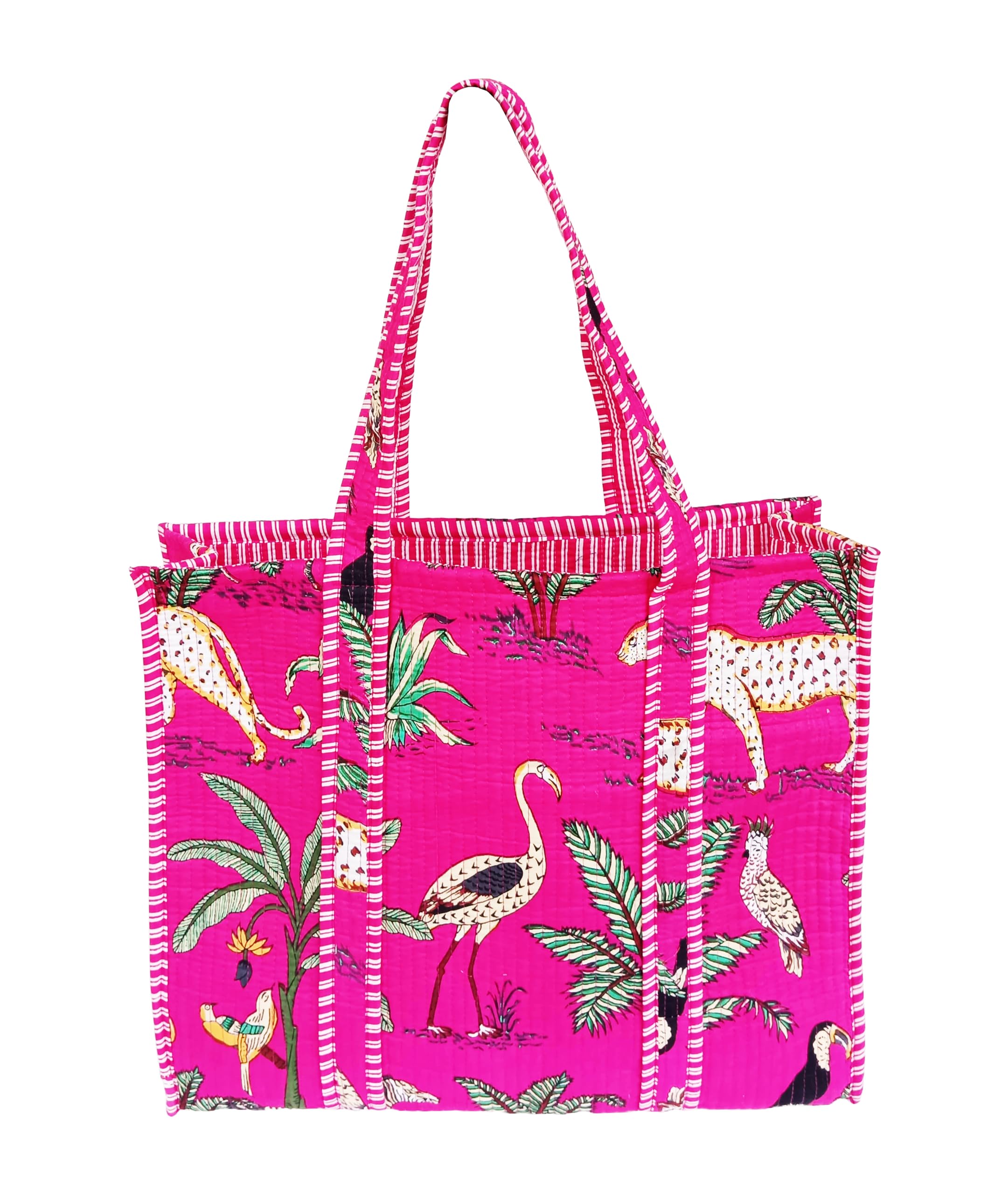 Rastogi Handicrafts Quilted Cotton Women Beautiful Printed Grocery Shopping Bag, Shoulder Bag, Tote Bag, Travel Bags, Pink, 18X6X15 Inch