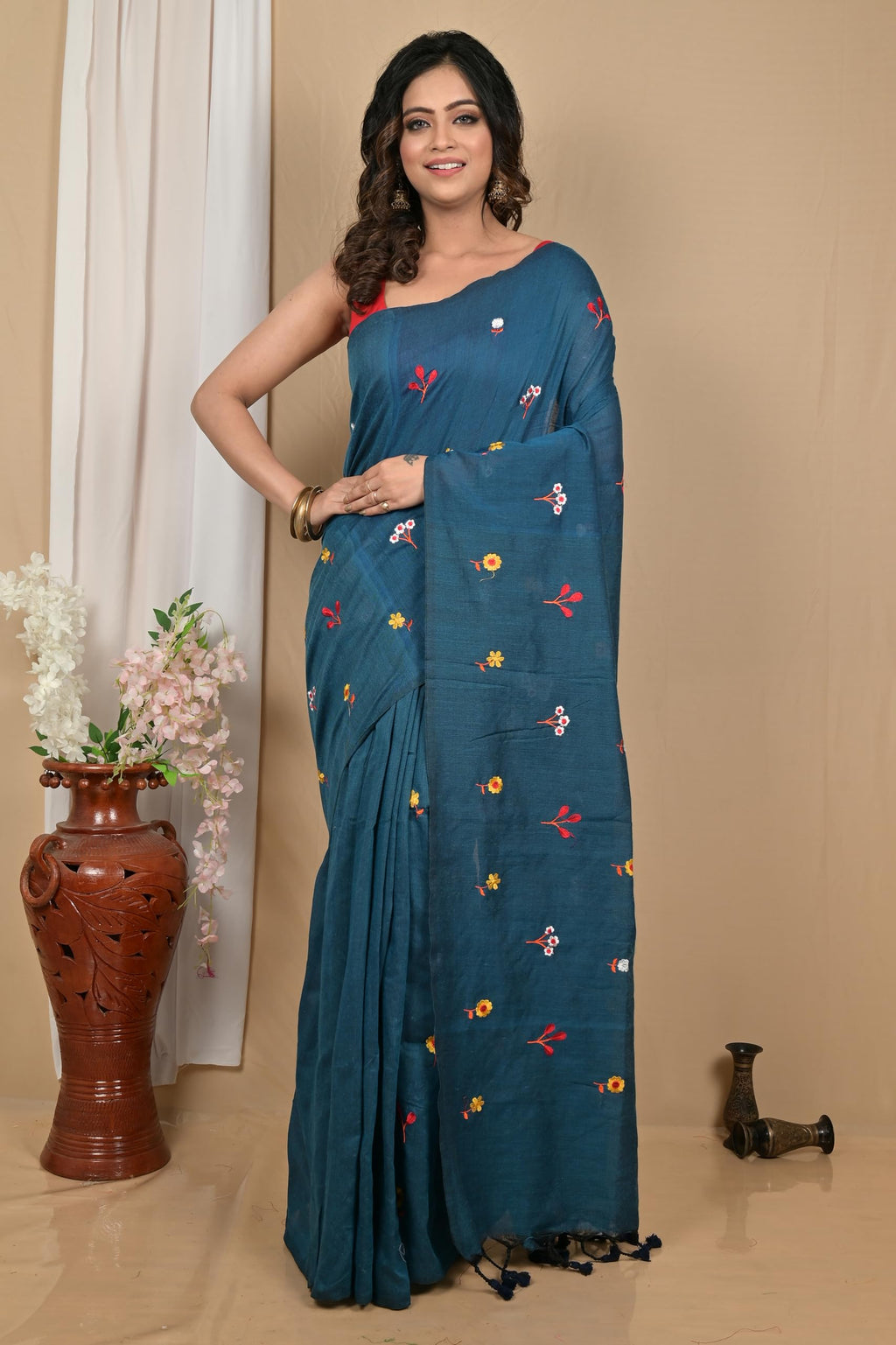 RoyBoni Khadi Embroidery Saree for Women | Fulmina Work | Pure Cotton Khadi Saree with Blouse Piece | Lightweight Traditional (Teal BLue)
