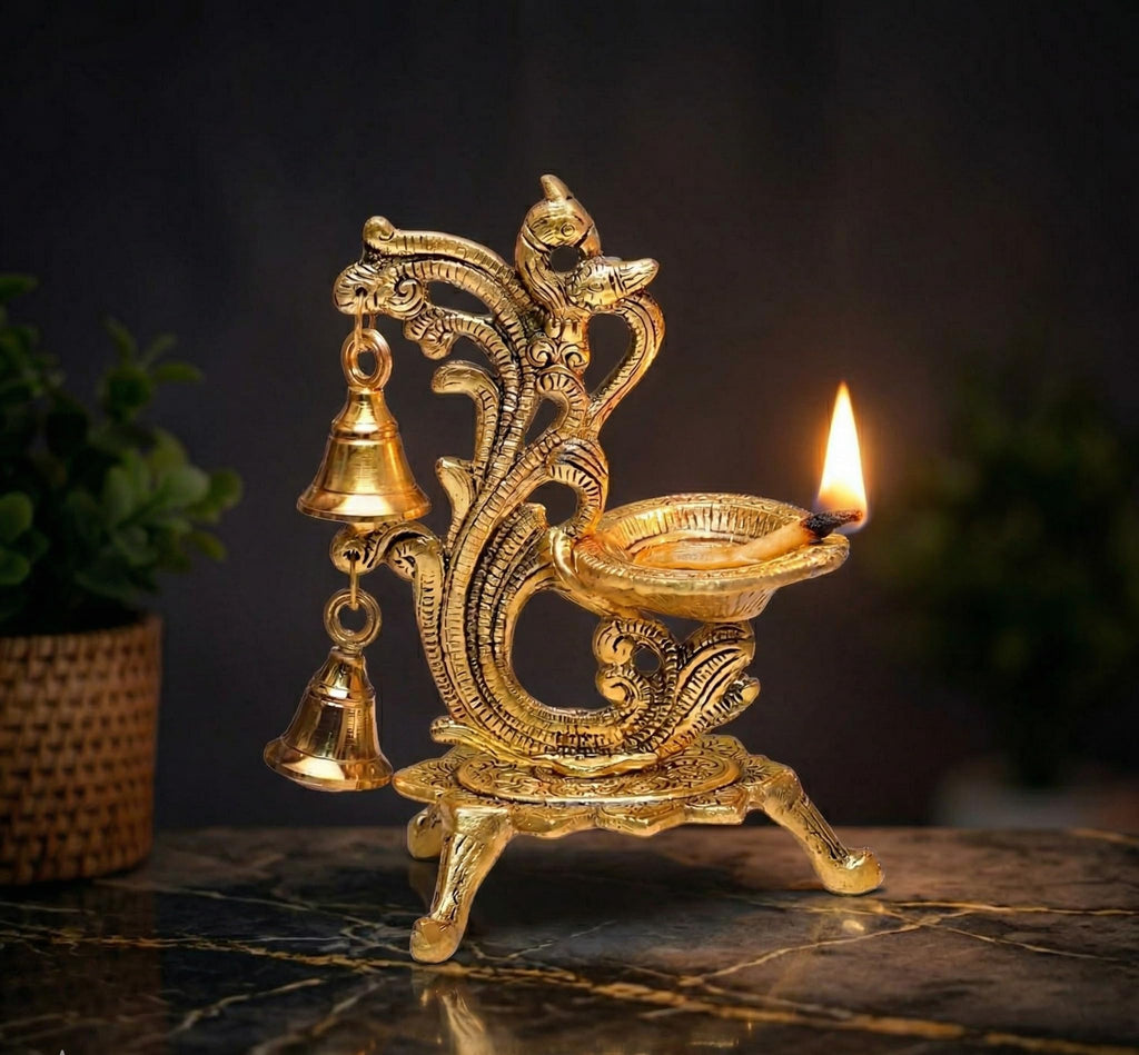 KridayKraft Aluminium Diya for Puja Room Oil Lamp in Peacock Design with Bell (Gold, Pack of 1 Pcs)
