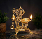 KridayKraft Aluminium Diya for Puja Room Oil Lamp in Peacock Design with Bell (Gold, Pack of 1 Pcs)