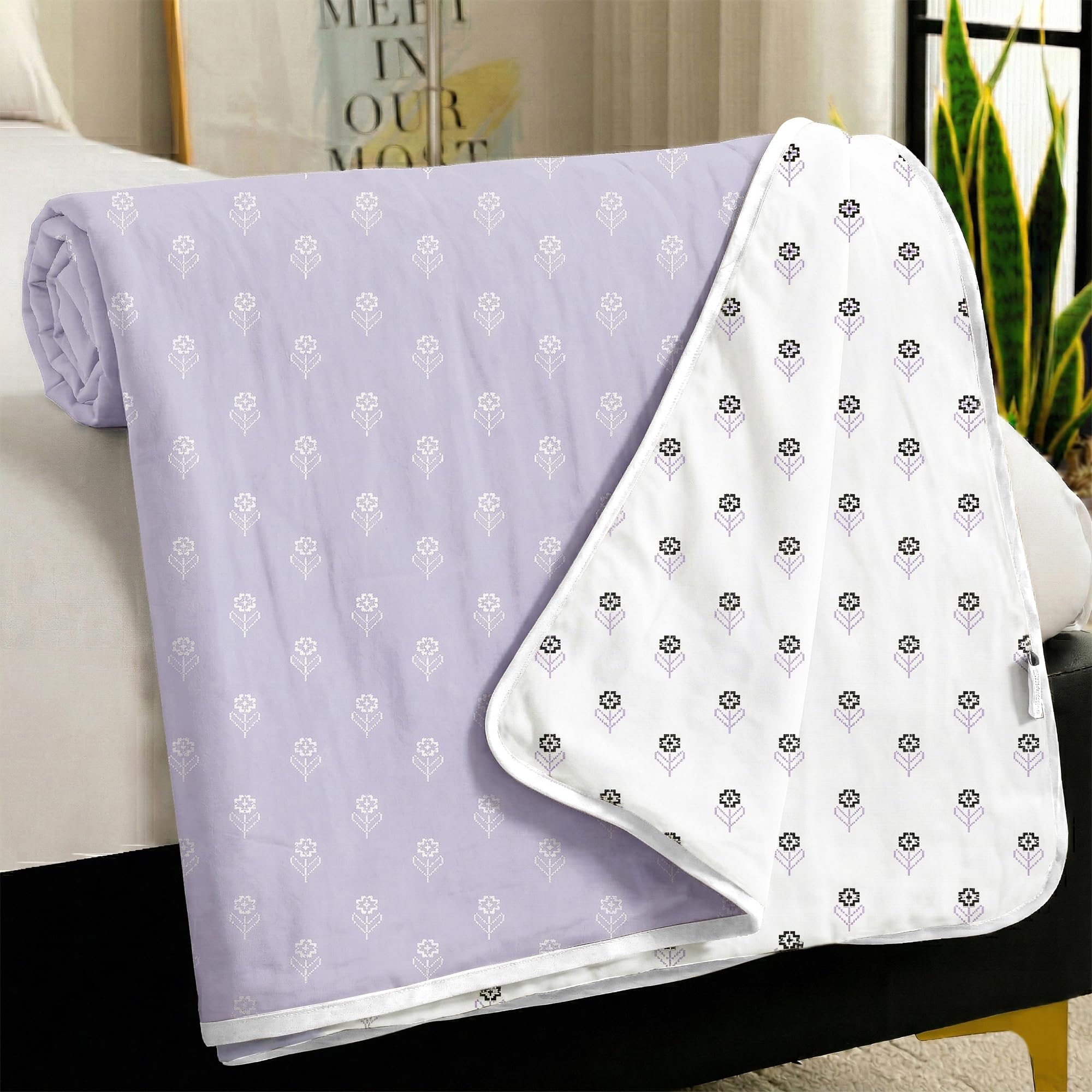 Story@Home Dohar Single Bed 100% Cotton AC Blanket for Summer | 144x 220CM, 150GSM Ac Comforter and AC Blanket for Summer | Light Purple & White Floral Reversible Duvet Quilt All-Season Blanket Kafalo