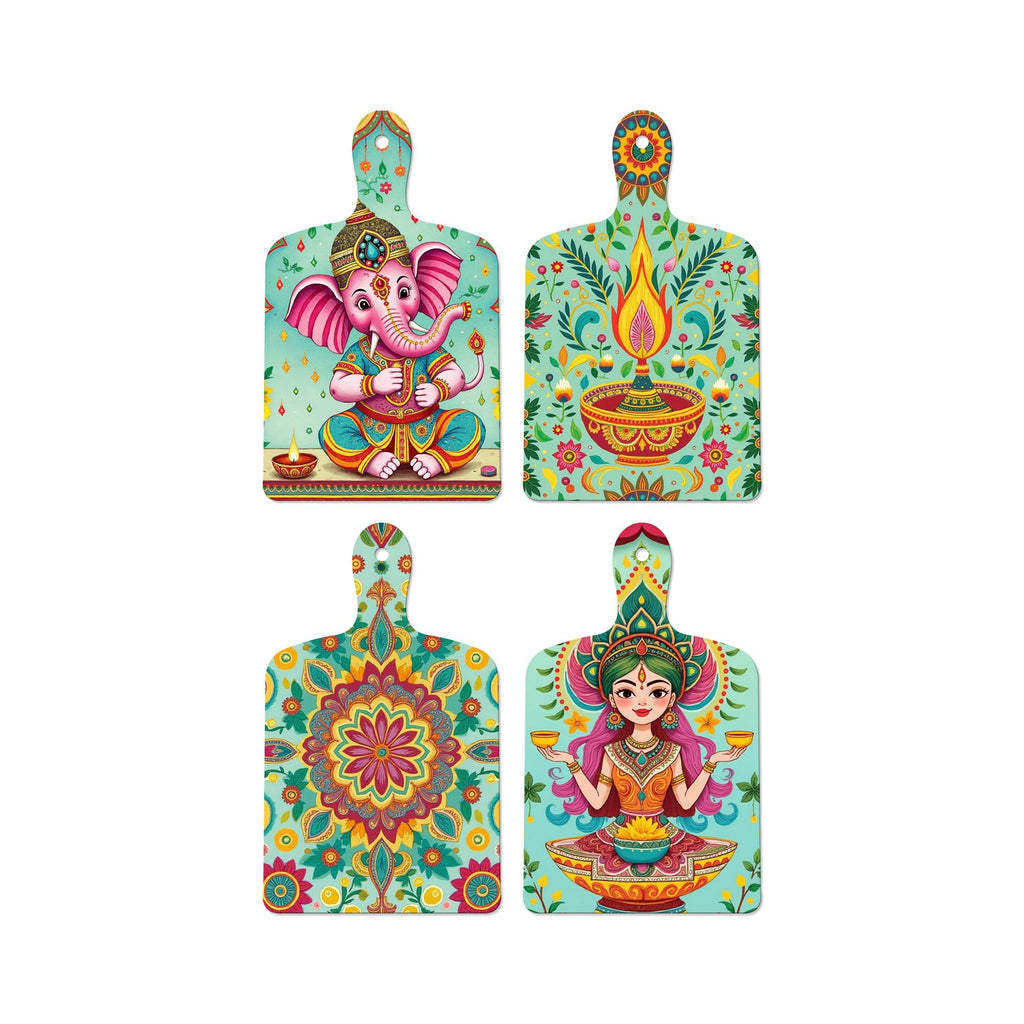 Artvibes Indian Traditional Shri Ganesh Lakshmiji Folk Art Auspicious Wooden Art Work Wall Hanging | Spiritual Decor Items | Wall Sculpture | Signs & Plaques | Ideal Gifts (WH_5649N), Set of 4