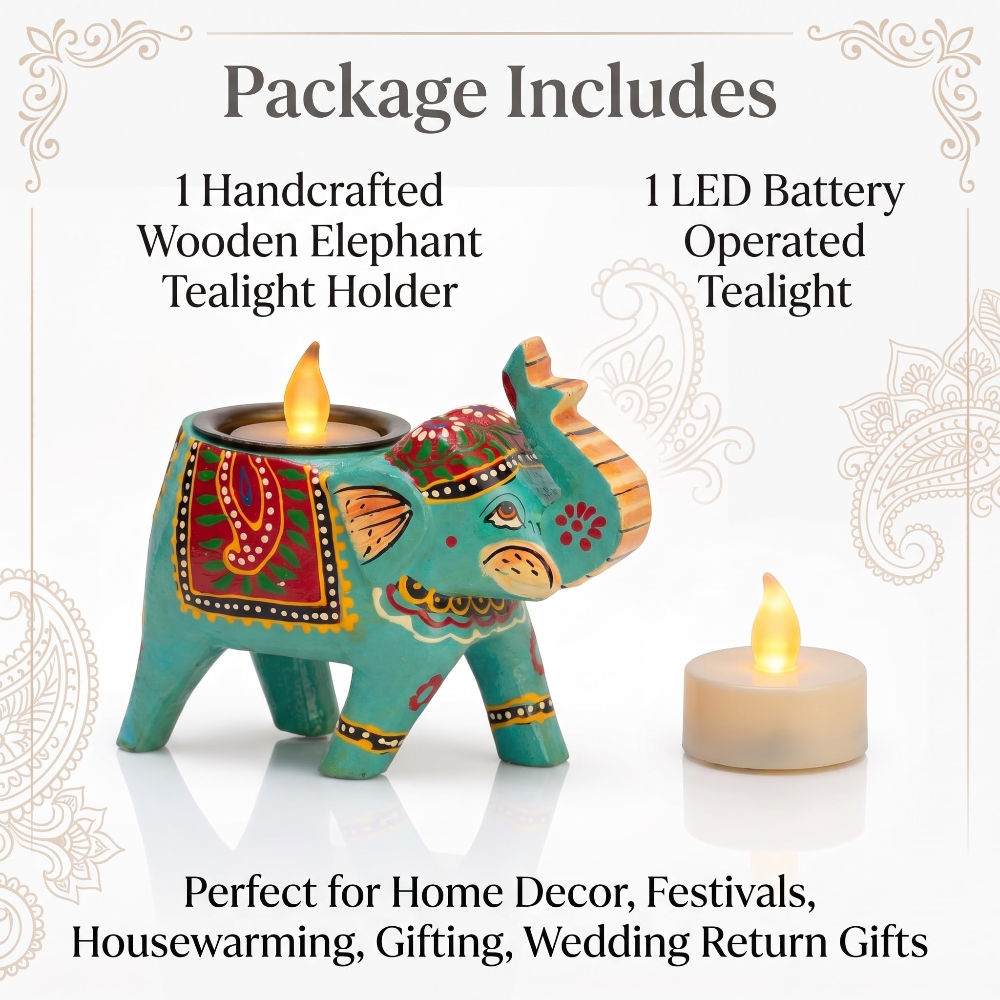 JH Gallery Handpainted Decorative Tealight Candle Holders for Home Decor, Decorative Elephant Showpiece for Table Decor, Perfect Return Gift for Wedding (4 Inches, Blue, Pack of 1)