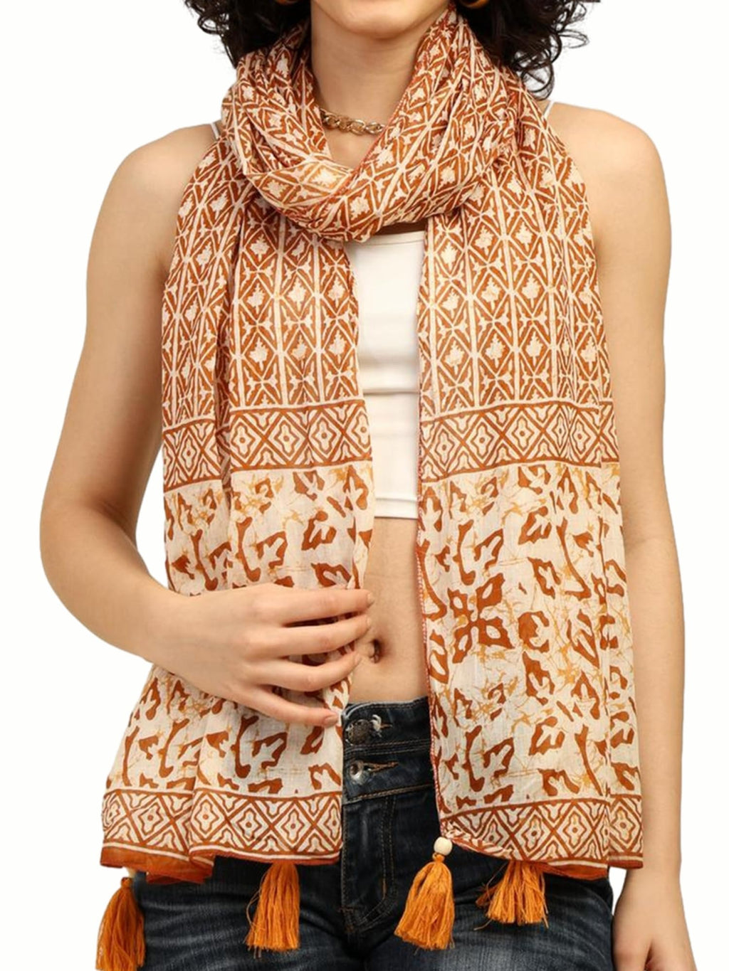 KE KANHA EXPORTS Scarf for Women Premium Cotton Boho | Dual Tone Border Print Stole with Tassels | Lightweight Summer Beach Wrap 180 x 50 cm (Rust Maple Print)