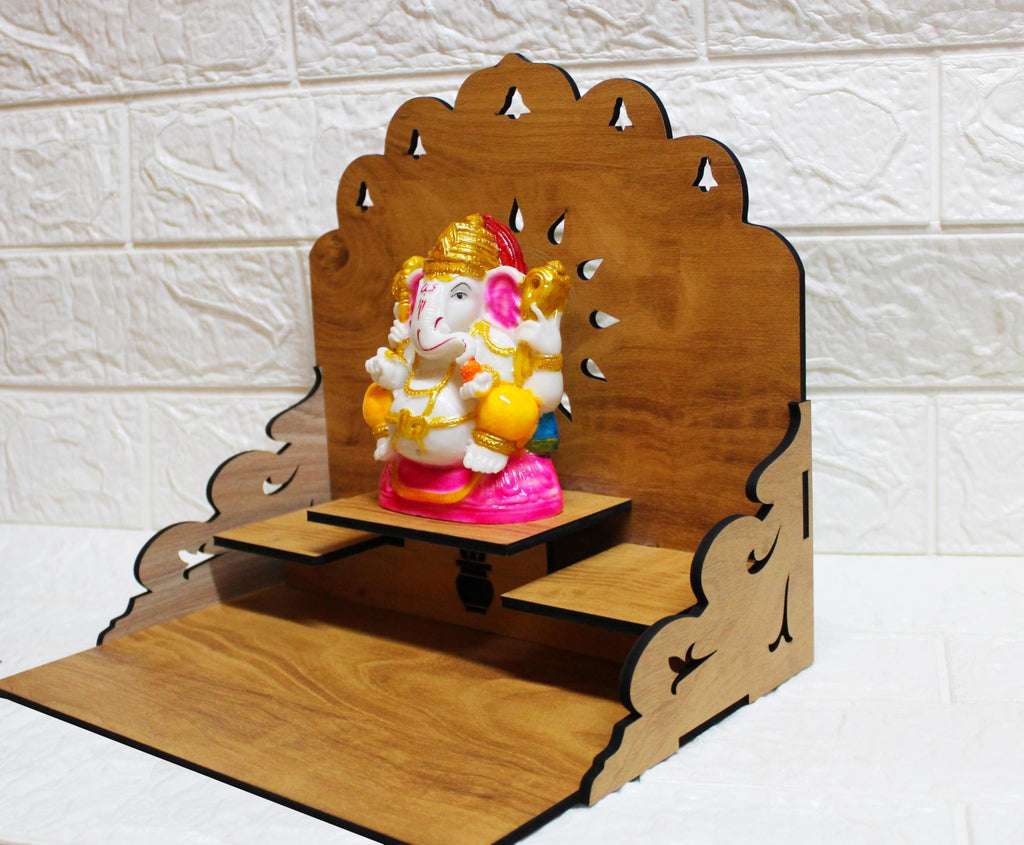 GiftDenaHai Beautiful Wooden Pooja Temple for Home and Office | Wall Shelves/Stand/Sinhasan/Mandir Perfect for Bhakti Ghar (L-10, B-9.5, H-8 Inch) (Wooden Temple T102)