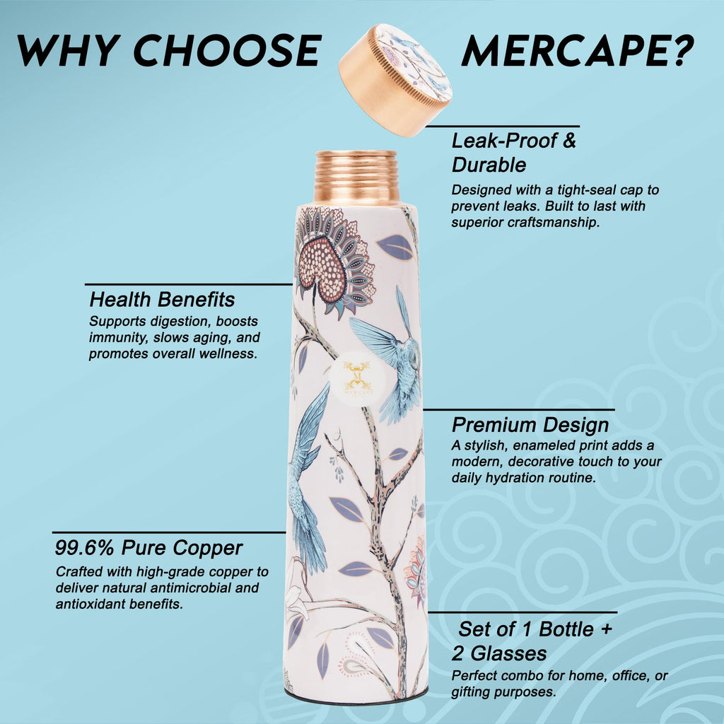 MERCAPE® Pure Copper Water Bottle 900 ml with Glass Set Best Tamba in Printed Design (900 ml 2x 300 ml)