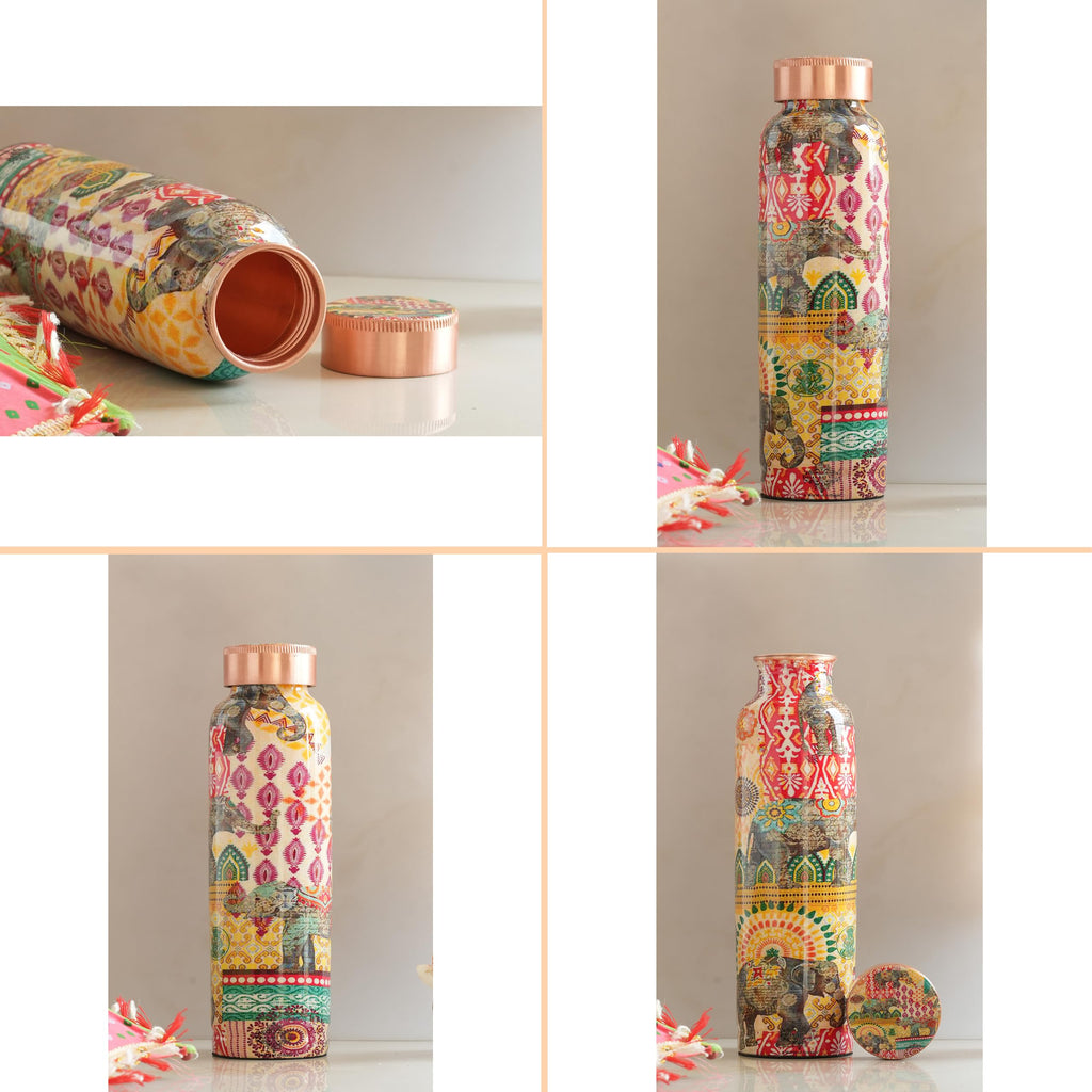 INDIAN ART VILLA Copper Water Bottle 900 ml, “Padharo Mhare Desh” Theme, Rajasthani Meena Printed Design, Handcrafted (0.9 litre)