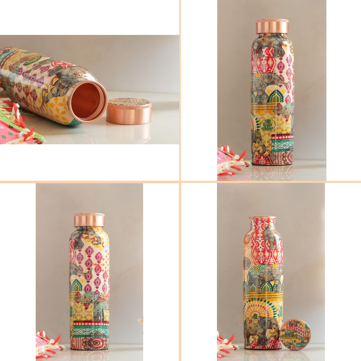 INDIAN ART VILLA Copper Water Bottle 900 ml, “Padharo Mhare Desh” Theme, Rajasthani Meena Printed Design, Handcrafted (0.9 litre)