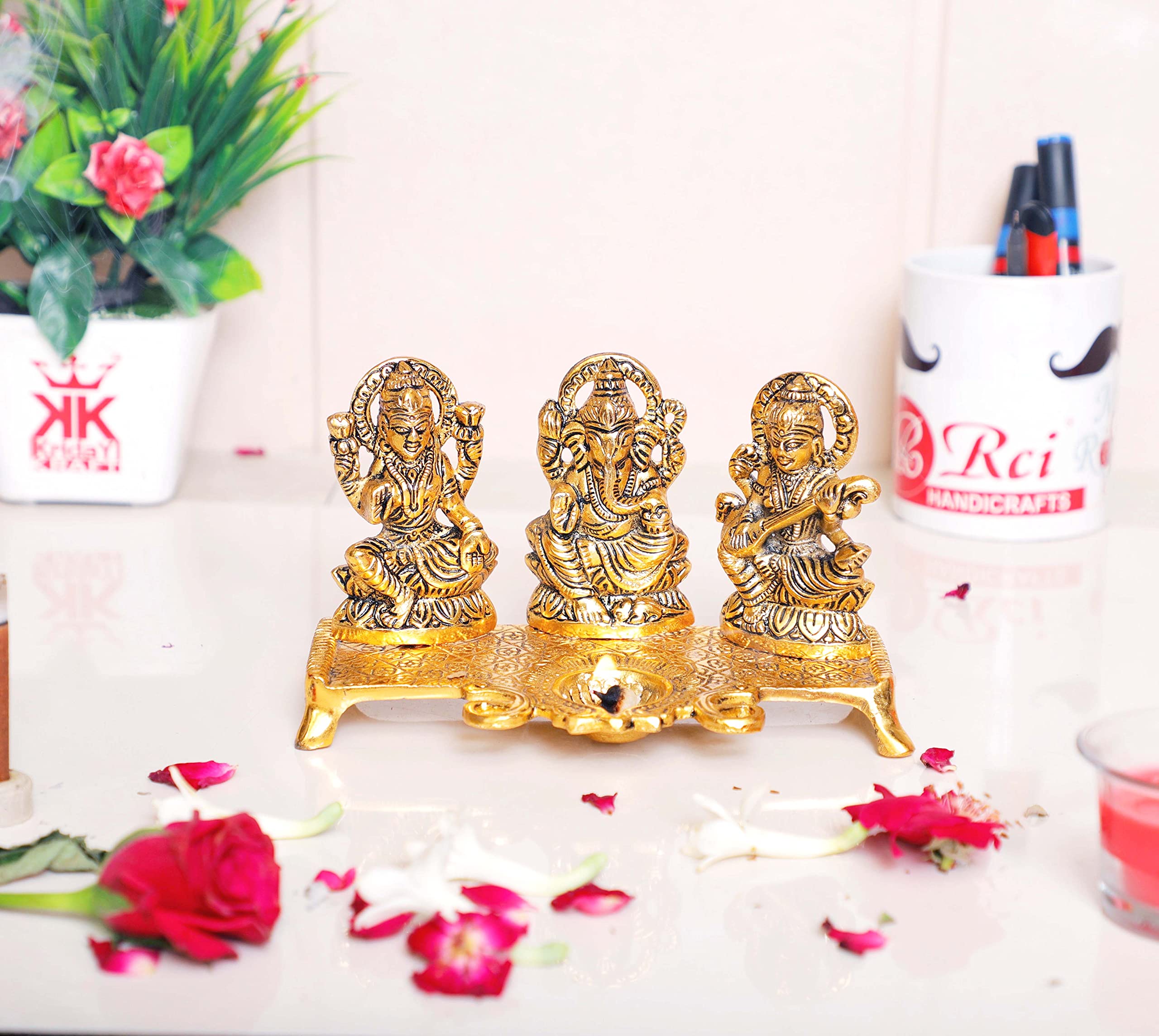 KridayKraft Laxmi Ganesha Saraswati Murti,LGS Metal Statue with Diya,Showpiece Figurines