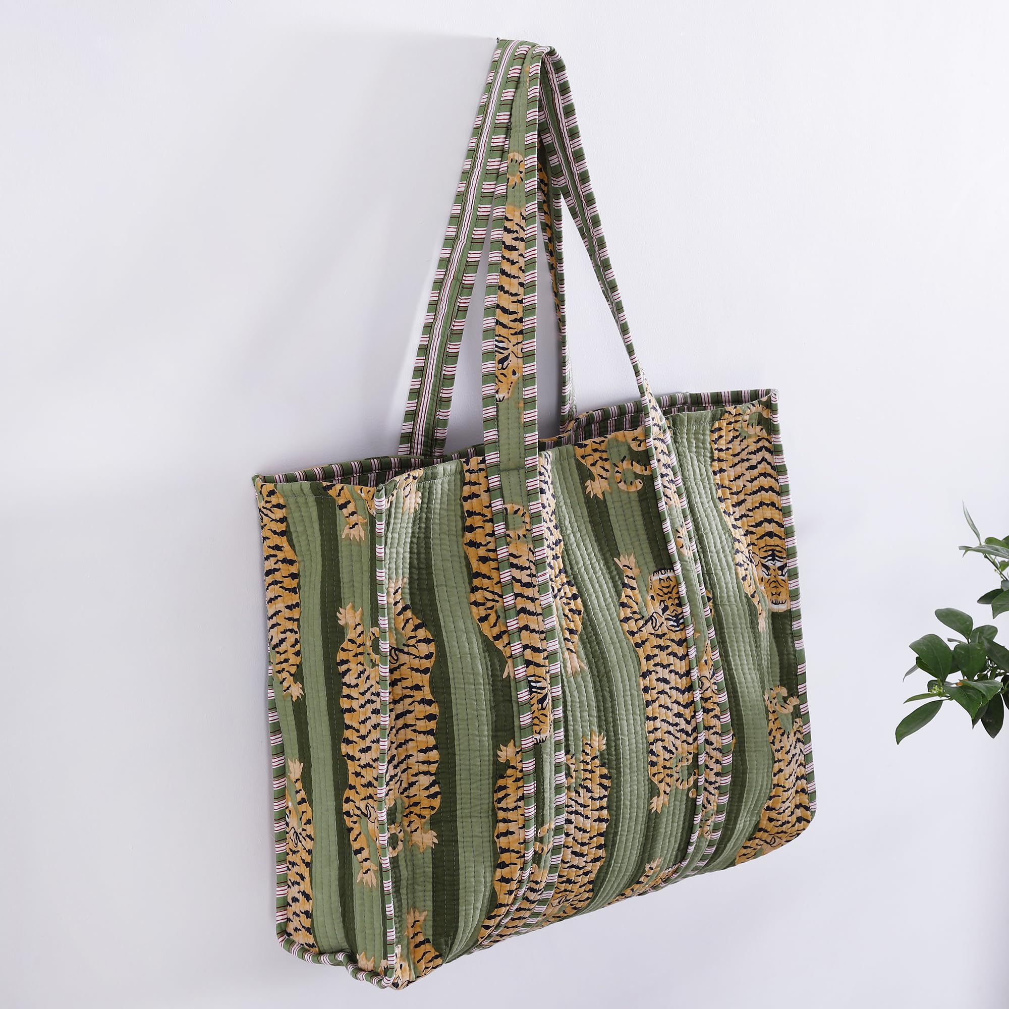Ravaiyaa - Attitude is everything Women & Man Beautiful Printed Cotton Grocery Shopping Bag | Shoulder Bag | Cotton Tote Bag | Travel Tote Bags 18x5.5x16 Inch (Green Tiger)