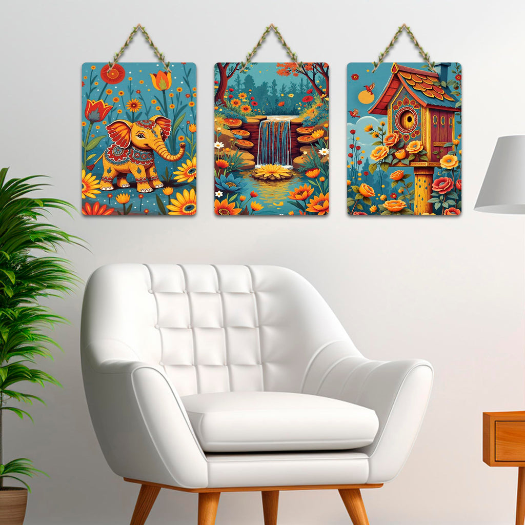 Artvibes Elephant In Bloom Birdhouse Waterfall Home Art For Wooden Art Decoration Item for Home | Garden Balcony | Door Decoration Item | Graphic Artwork | Wall Poster | Gift Item (WH_9634N), Set of 3