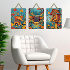 Artvibes Elephant In Bloom Birdhouse Waterfall Home Art For Wooden Art Decoration Item for Home | Garden Balcony | Door Decoration Item | Graphic Artwork | Wall Poster | Gift Item (WH_9634N), Set of 3
