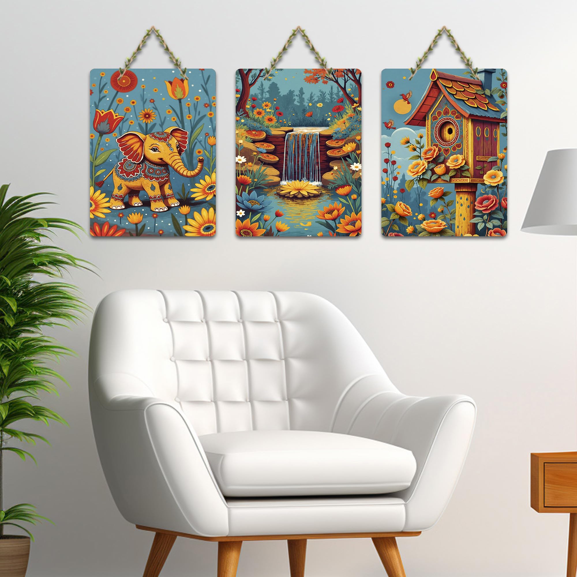 Artvibes Elephant In Bloom Birdhouse Waterfall Home Art For Wooden Art Decoration Item for Home | Garden Balcony | Door Decoration Item | Graphic Artwork | Wall Poster | Gift Item (WH_9634N), Set of 3