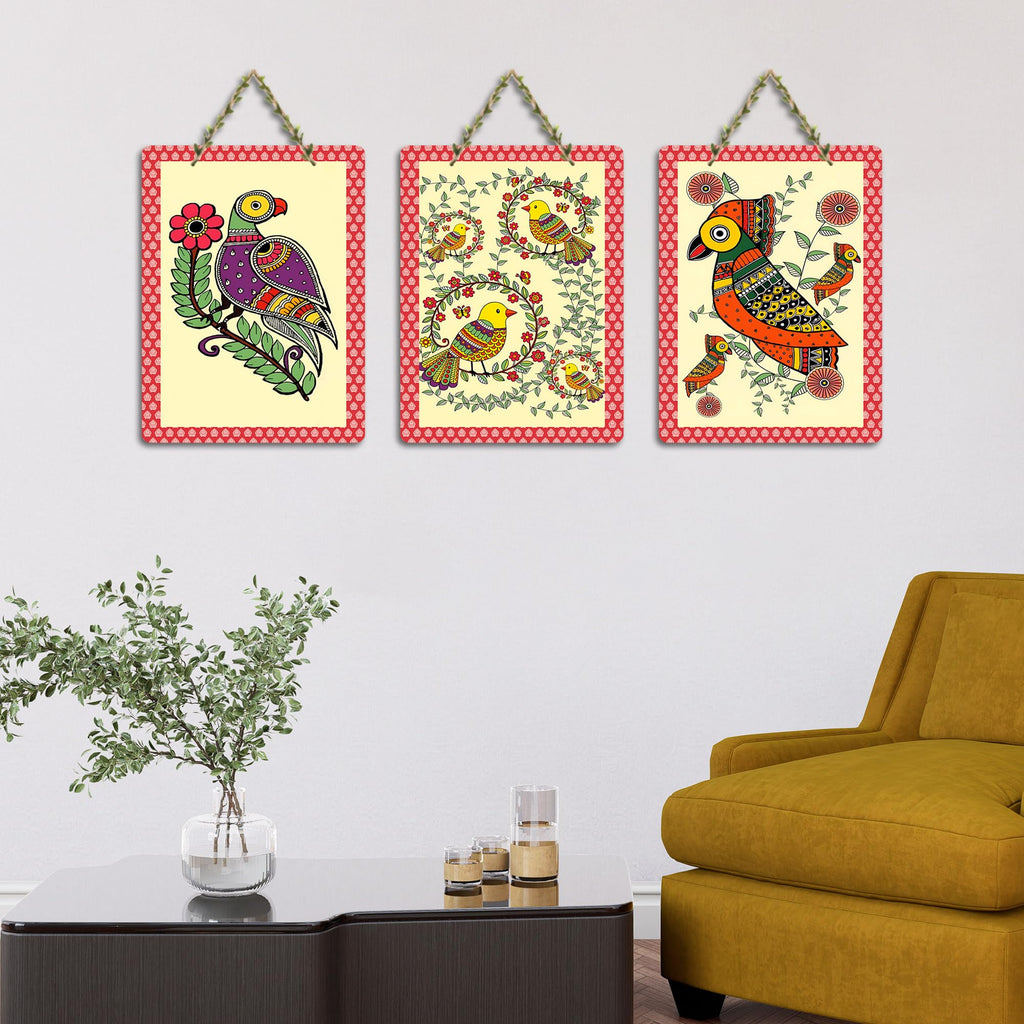 Artvibes Birds on Branch Madhubani Art Wooden Art Decoration Item for Home | Garden Balcony| Stylish Modern Decoration Item | Festive Decor | Wall Illustrations | Gift Items (WH_96179N), Set of 3