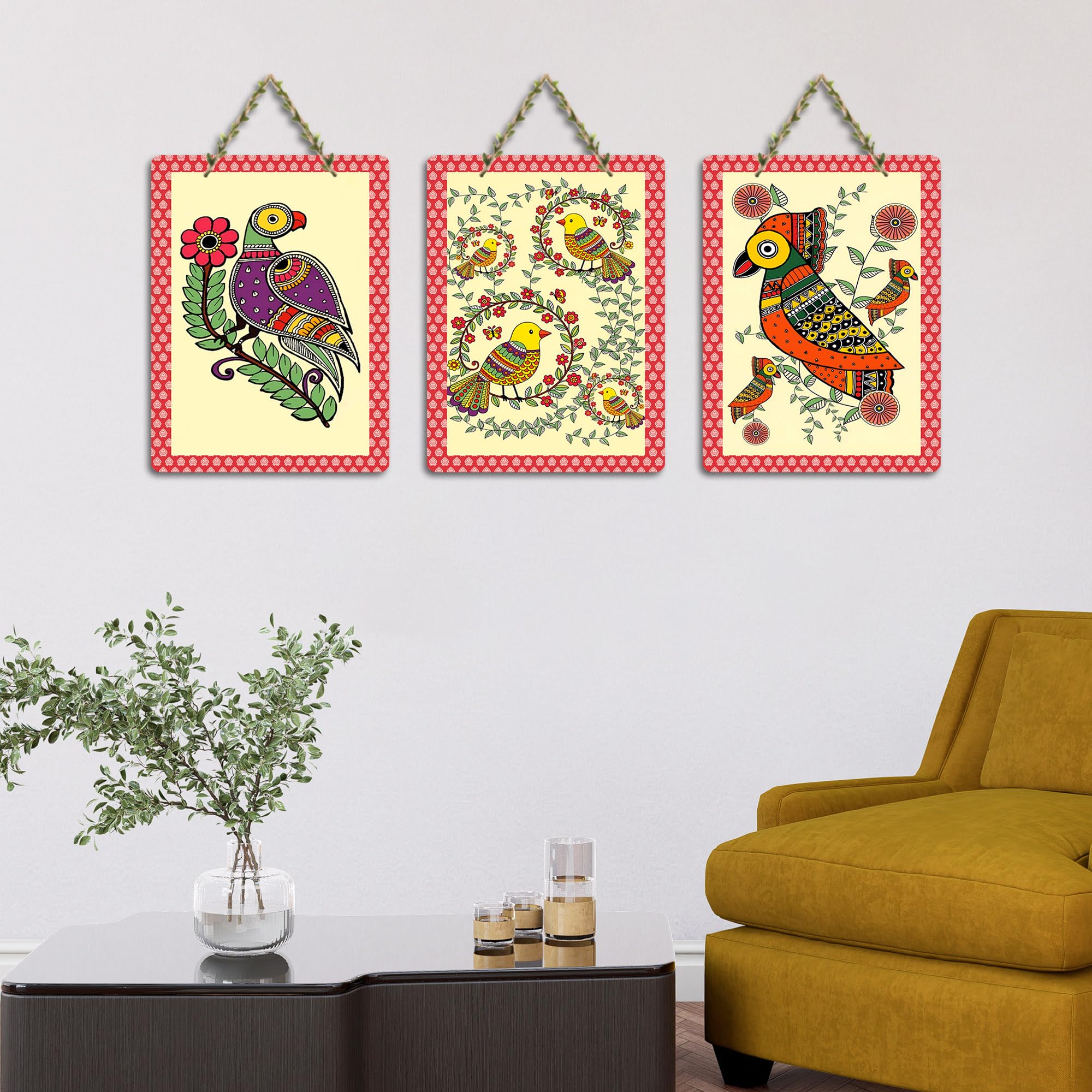 Artvibes Birds on Branch Madhubani Art Wooden Art Decoration Item for Home | Garden Balcony| Stylish Modern Decoration Item | Festive Decor | Wall Illustrations | Gift Items (WH_96179N), Set of 3