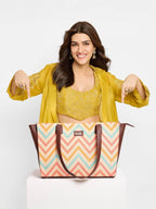 ZOUK WavBeach Wave Printed Jute Handcrafted Vegan Leather Women's Multicolor Structured Tote Bag Contemporary