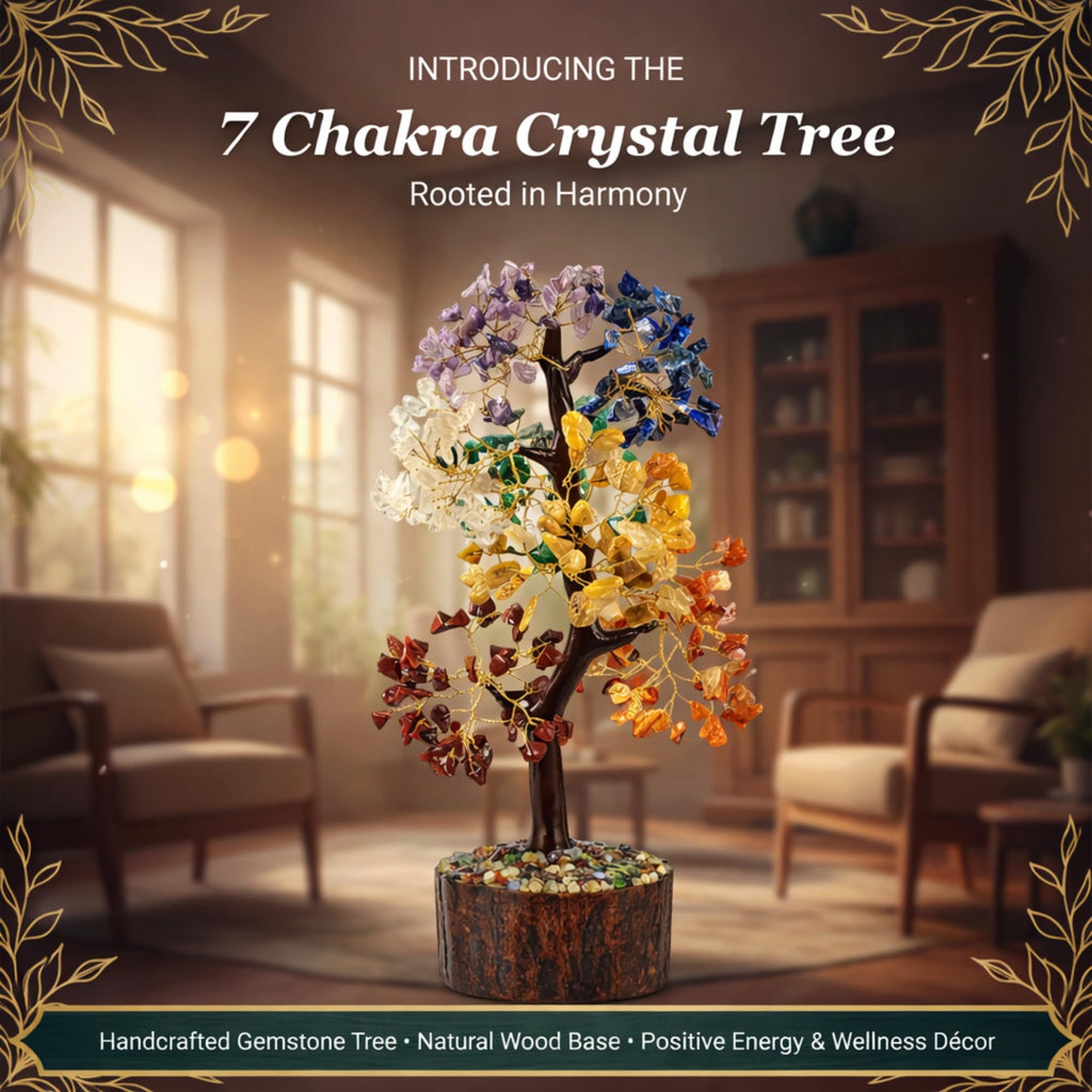 CALMINDS 7 Chakra Crystal Tree with Wooden Base | Natural Gemstone Bonsai for Healing, Balance & Positive Energy | Vastu Feng Shui Good Luck Tree for Home Decor & Spiritual Gift