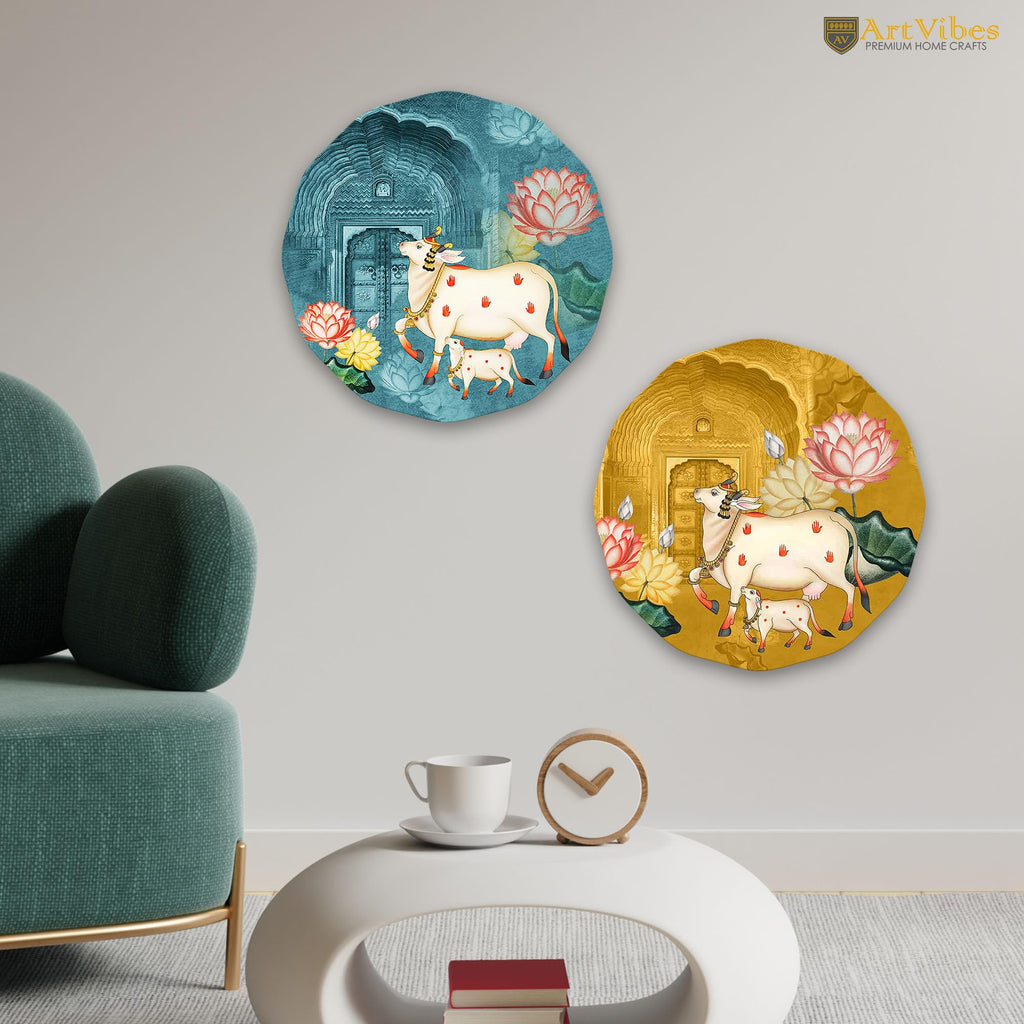 Artvibes Sacred Cow Pichwai Art Round Shape MDF Wooden Wall Decor Items | Living Room | Office | Handcrafted Art | Wall Accent | Artworks Hangings | Gift Items (WH_8813N), Set of 2